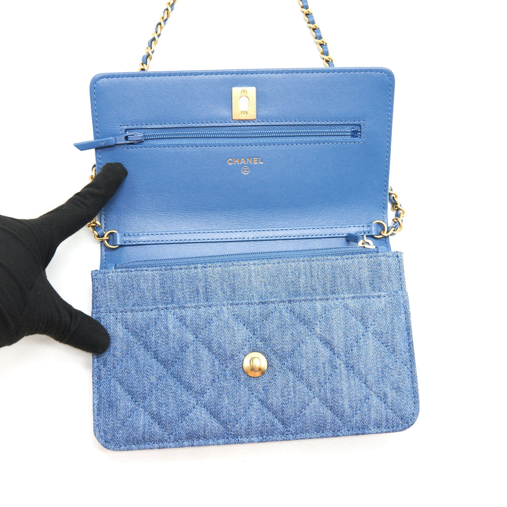CHANEL 22C PEARL CRUSH WALLET ON CHAIN DENIM GHW
