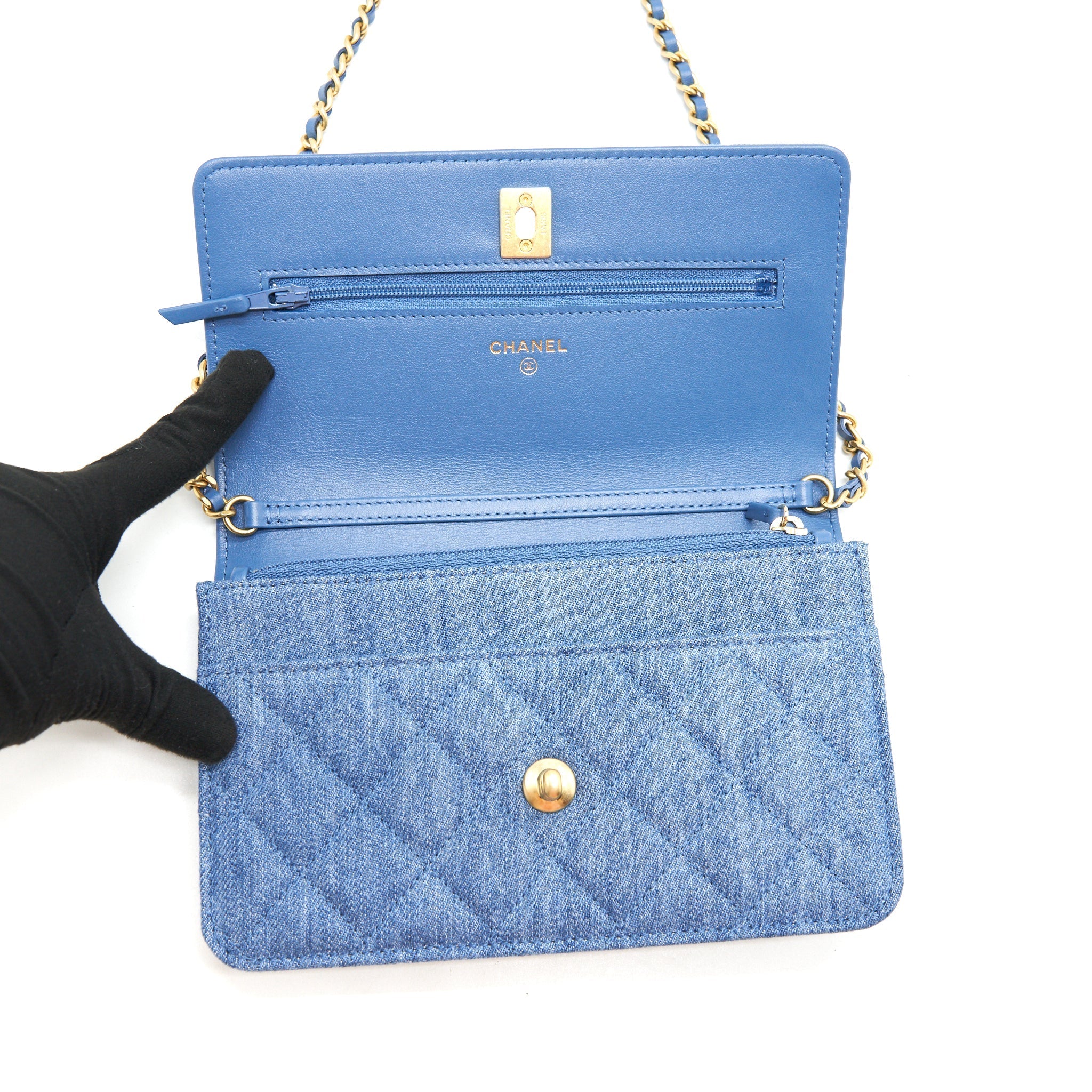 CHANEL 22C PEARL CRUSH WALLET ON CHAIN DENIM GHW