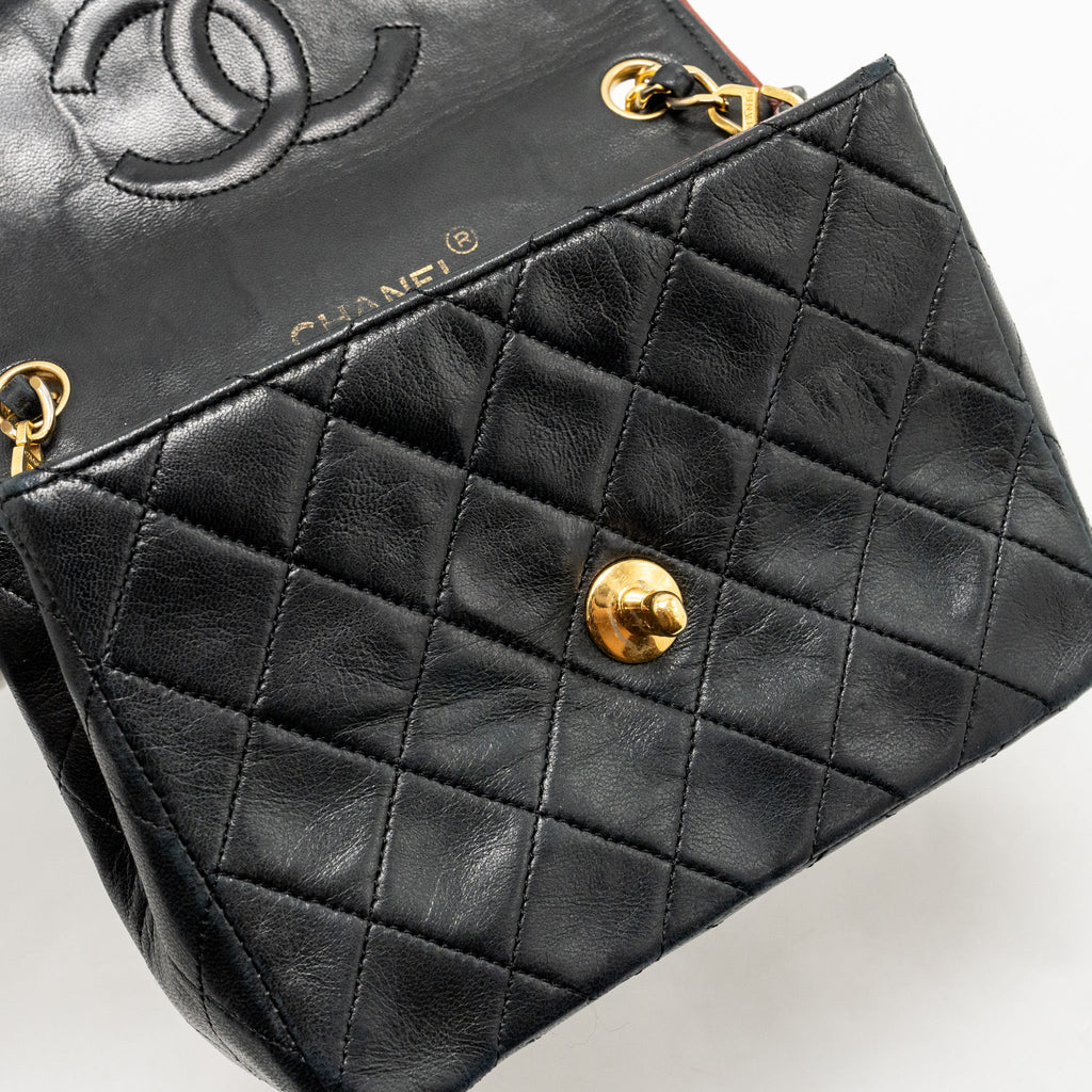 CHANEL VINTAGE MINI SQUARE FLAP BAG LAMBSKIN BLACK / RED GHW
