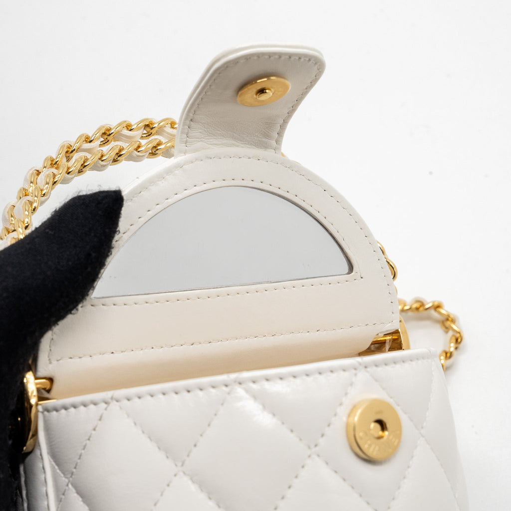CHANEL TOP HANDLE ROUND VANITY WITH CHAIN LAMBSKIN WHITE GHW (MICROCHIP)
