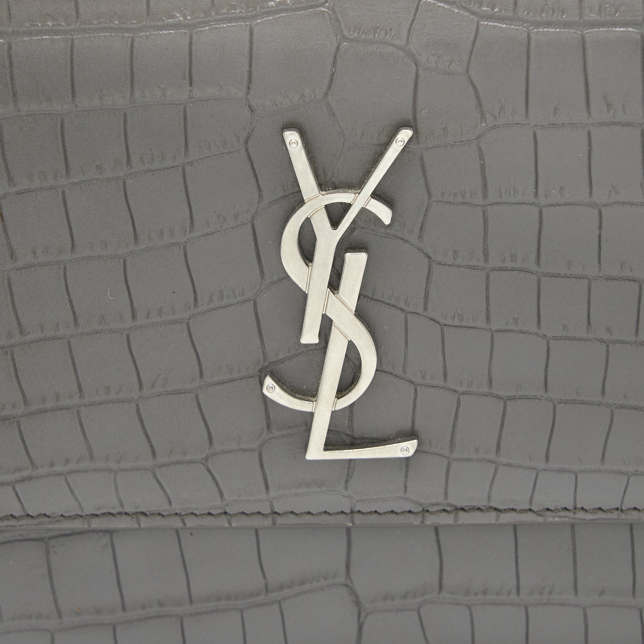 SAINT LAURENT MEDIUM SUNSET CHAIN BAG CROC EMBOSSED CALFSKIN GREY SHW
