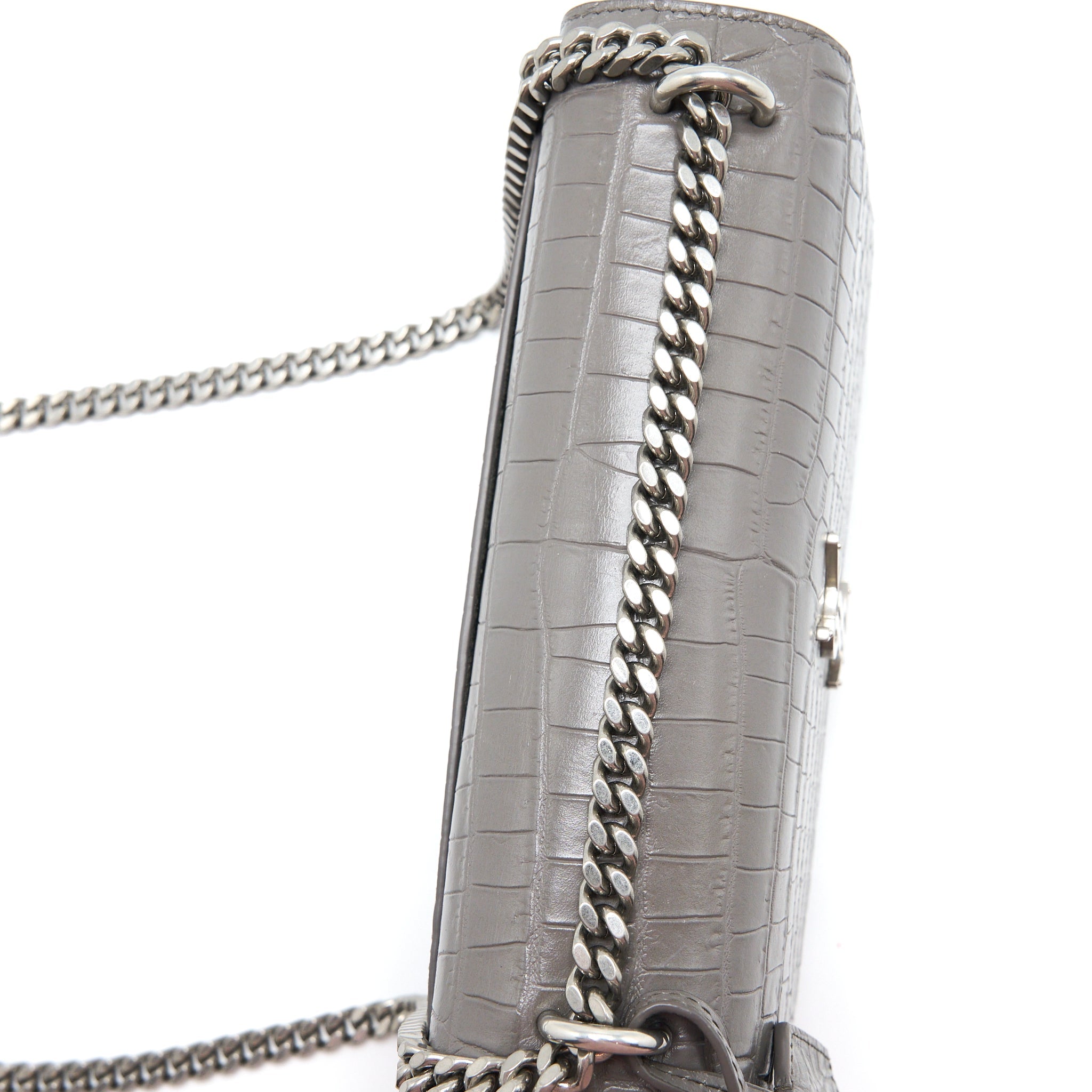 SAINT LAURENT MEDIUM SUNSET CHAIN BAG CROC EMBOSSED CALFSKIN GREY SHW