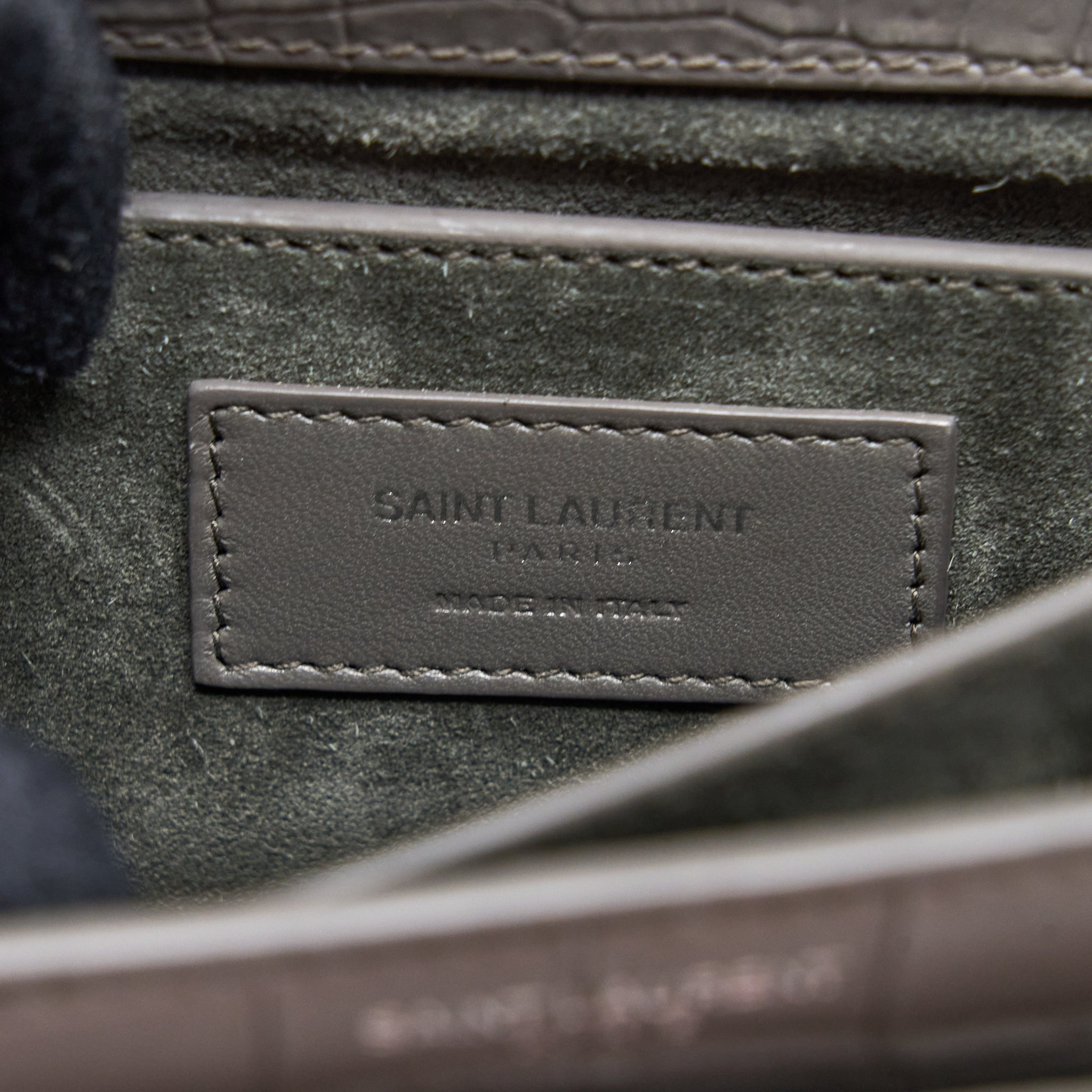 SAINT LAURENT MEDIUM SUNSET CHAIN BAG CROC EMBOSSED CALFSKIN GREY SHW