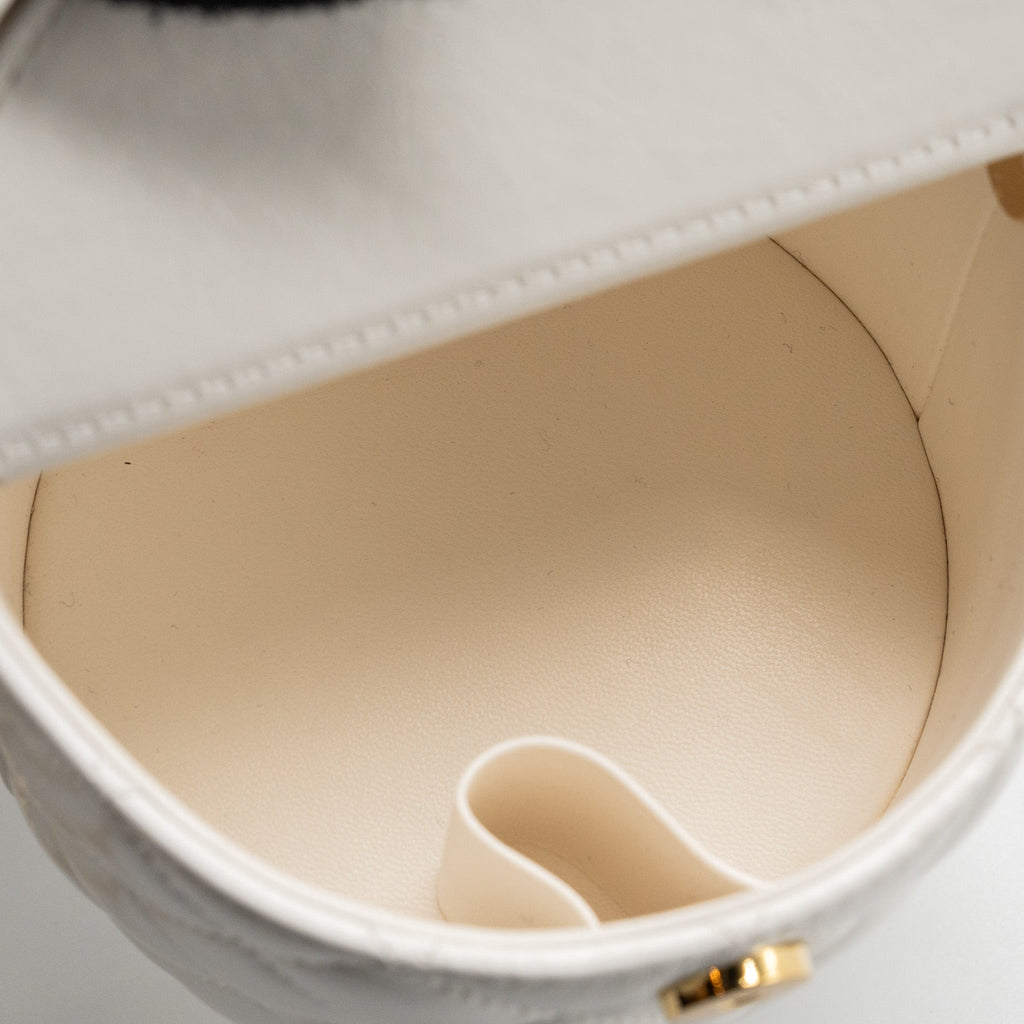 CHANEL TOP HANDLE ROUND VANITY WITH CHAIN LAMBSKIN WHITE GHW (MICROCHIP)