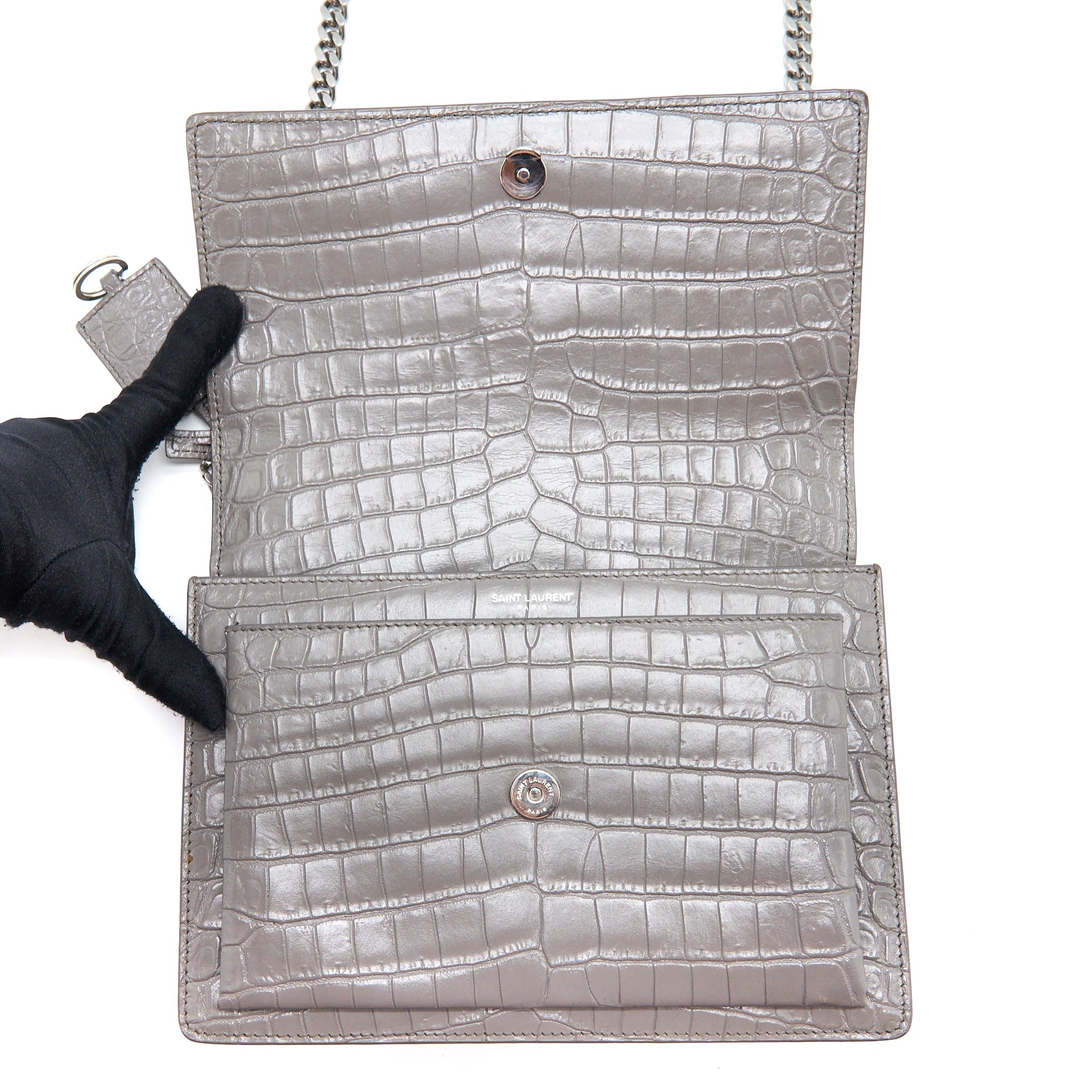 SAINT LAURENT MEDIUM SUNSET CHAIN BAG CROC EMBOSSED CALFSKIN GREY SHW