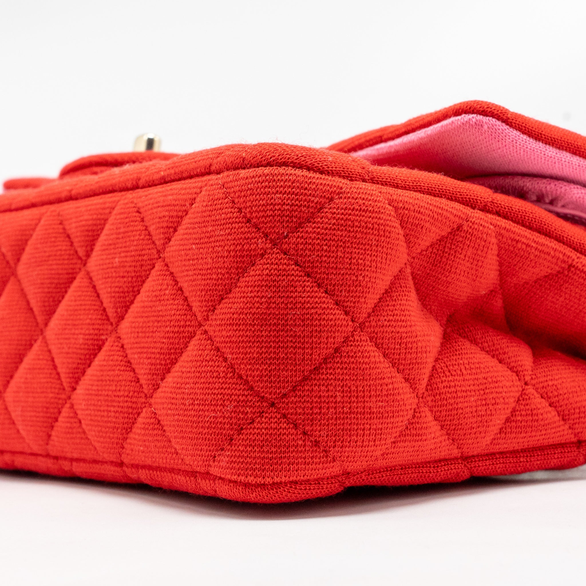CHANEL MEDIUM CLASSIC DOUBLE FLAP BAG FABRIC RED /PINK LGHW (MICROCHIP)