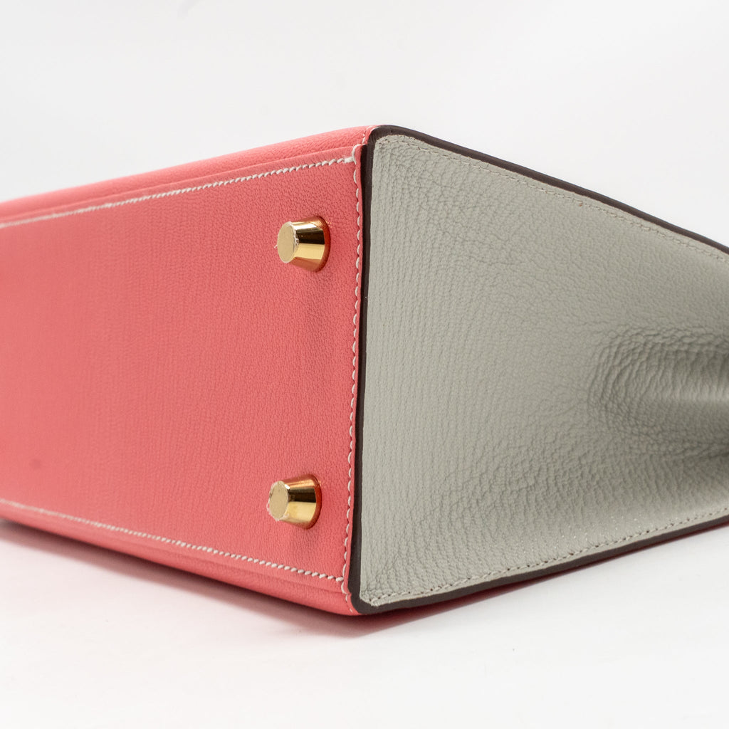HERMES KELLY 25 SPECIAL ORDER CHÈVRE MYSORE ROSE LIPSTICK / GRIS PERLE GHW
