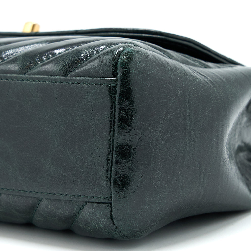 CHANEL CHEVRON HAMPTON FLAP BAG AGED CALFSKIN DARK GREEN GHW