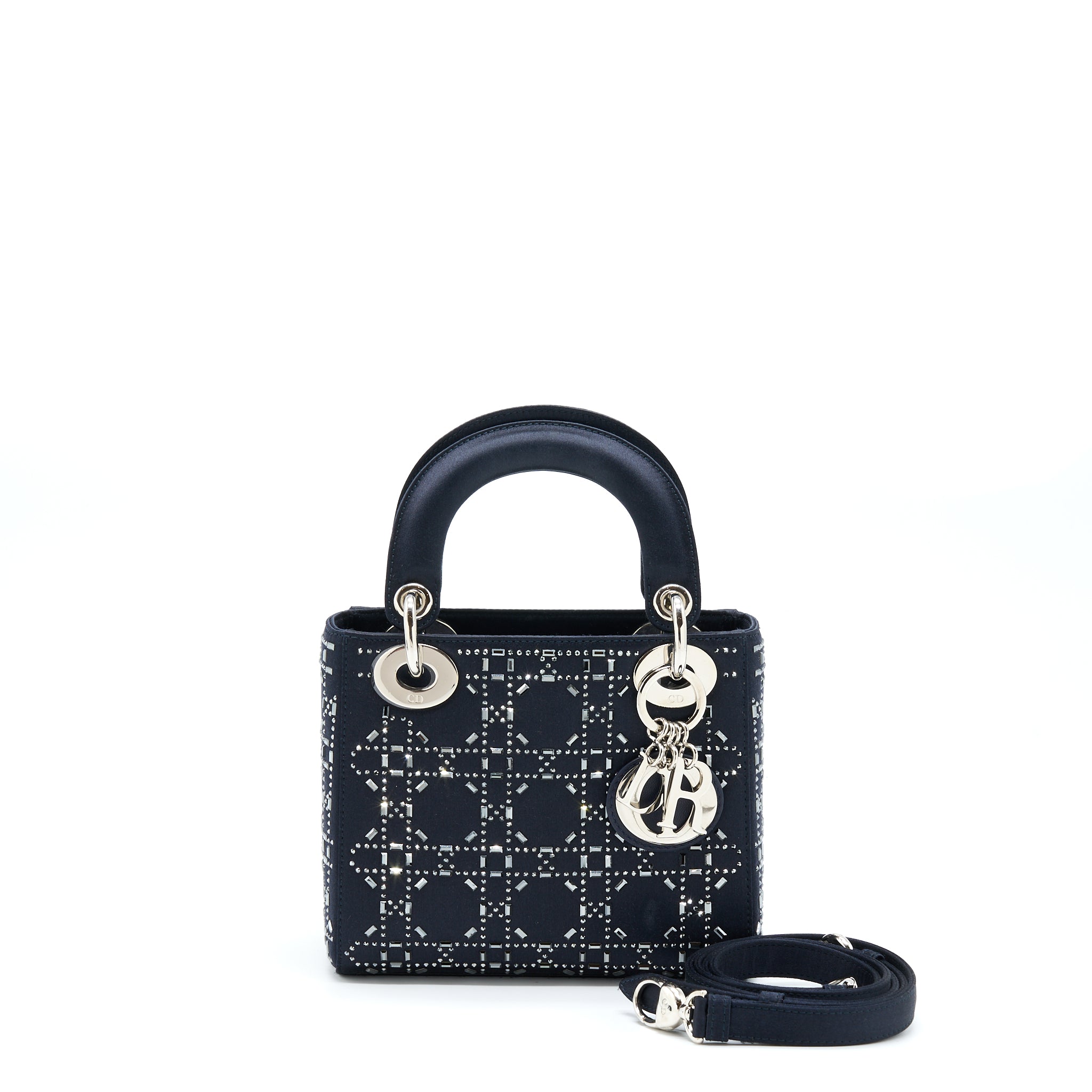 DIOR MINI LADY DIOR SATIN CRYSTAL CANNAGE DARK BLUE SHW