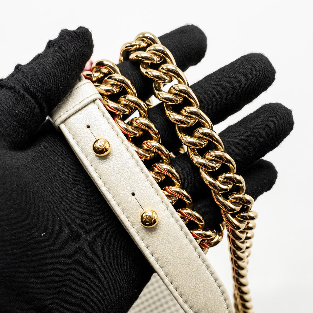 CHANEL BOY BAG METAL SQUARED LAMBSKIN WHITE/RED GHW