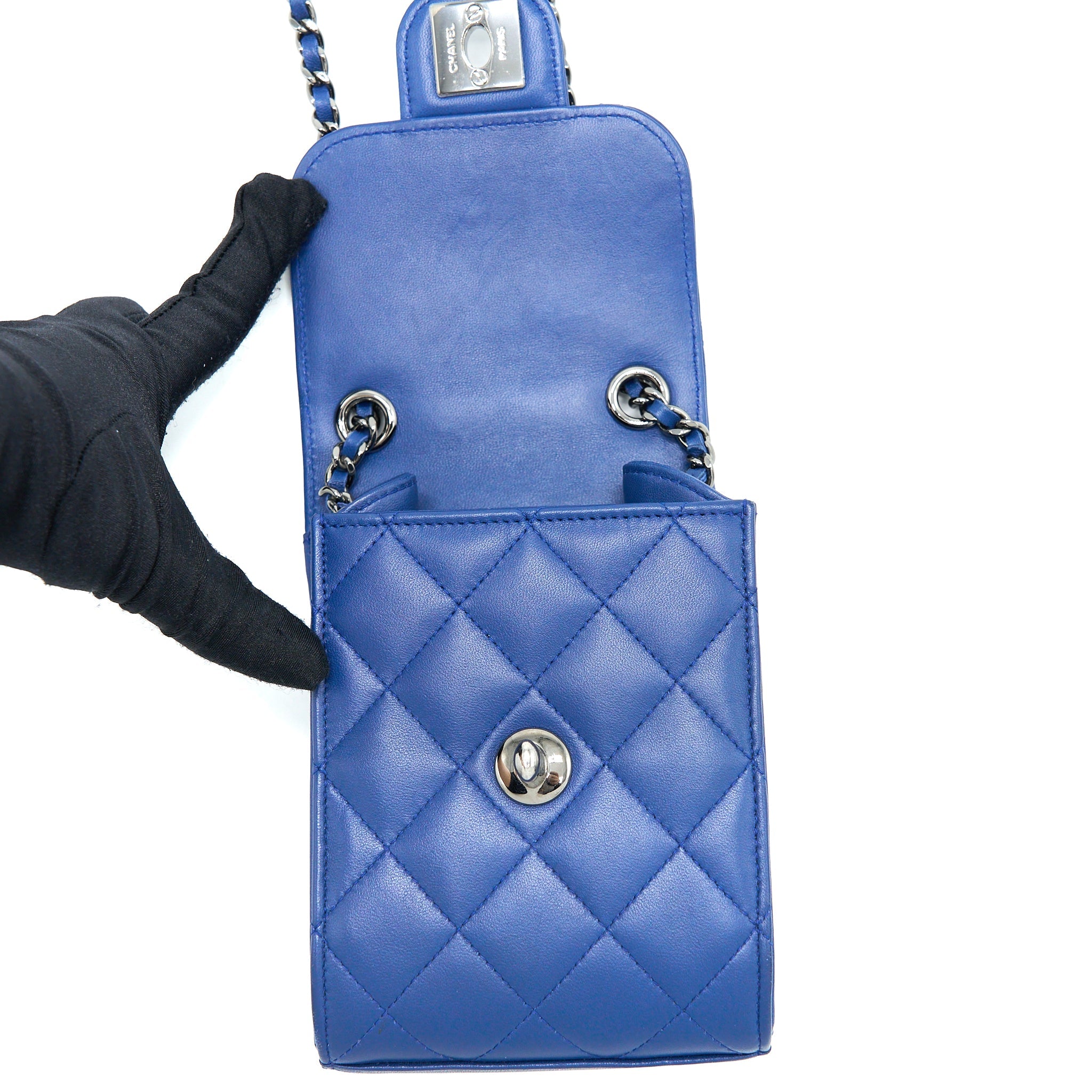 CHANEL FLAP PHONE CASE LAMBSKIN BLUE SHW