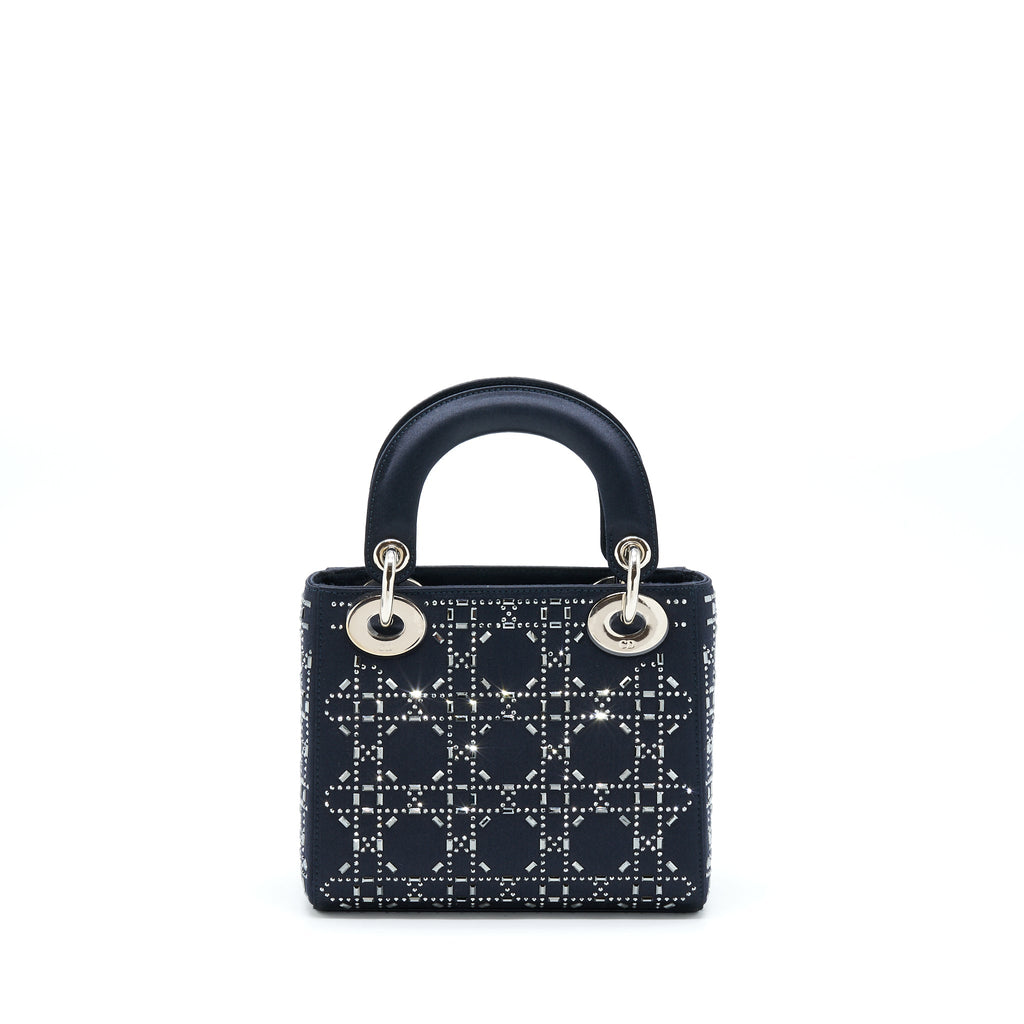 DIOR MINI LADY DIOR SATIN CRYSTAL CANNAGE DARK BLUE SHW