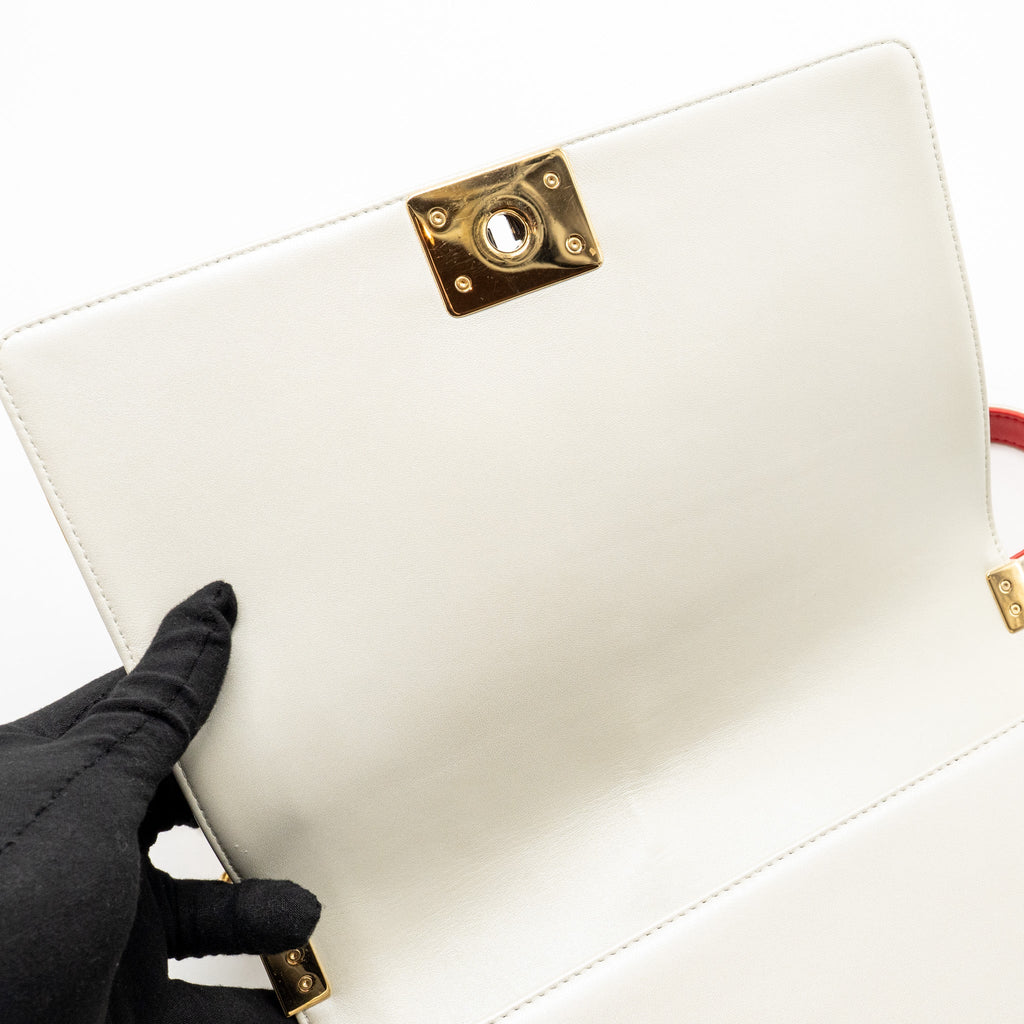 CHANEL BOY BAG METAL SQUARED LAMBSKIN WHITE/RED GHW