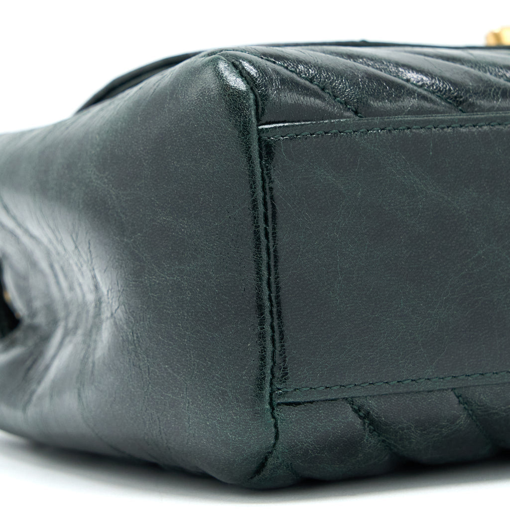 CHANEL CHEVRON HAMPTON FLAP BAG AGED CALFSKIN DARK GREEN GHW