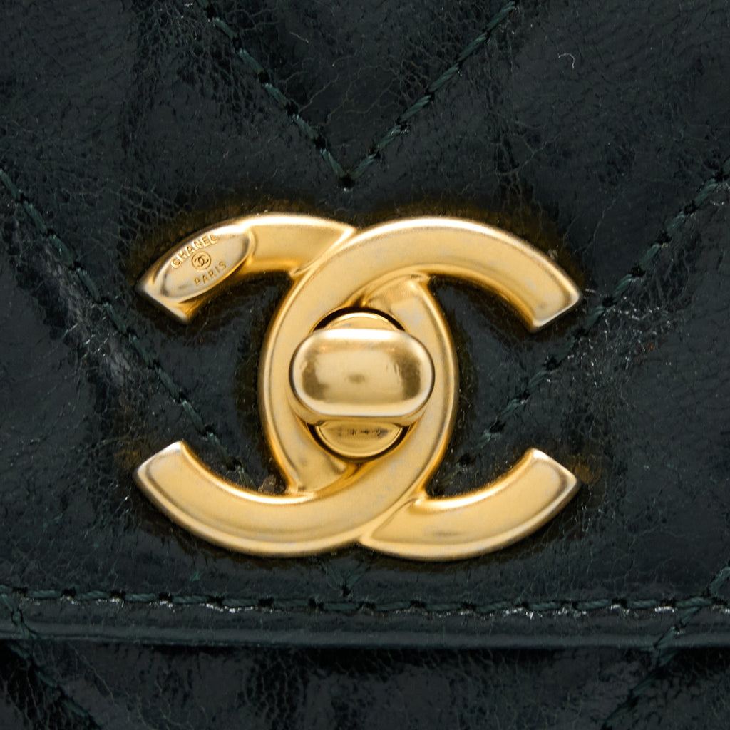 CHANEL CHEVRON HAMPTON FLAP BAG AGED CALFSKIN DARK GREEN GHW