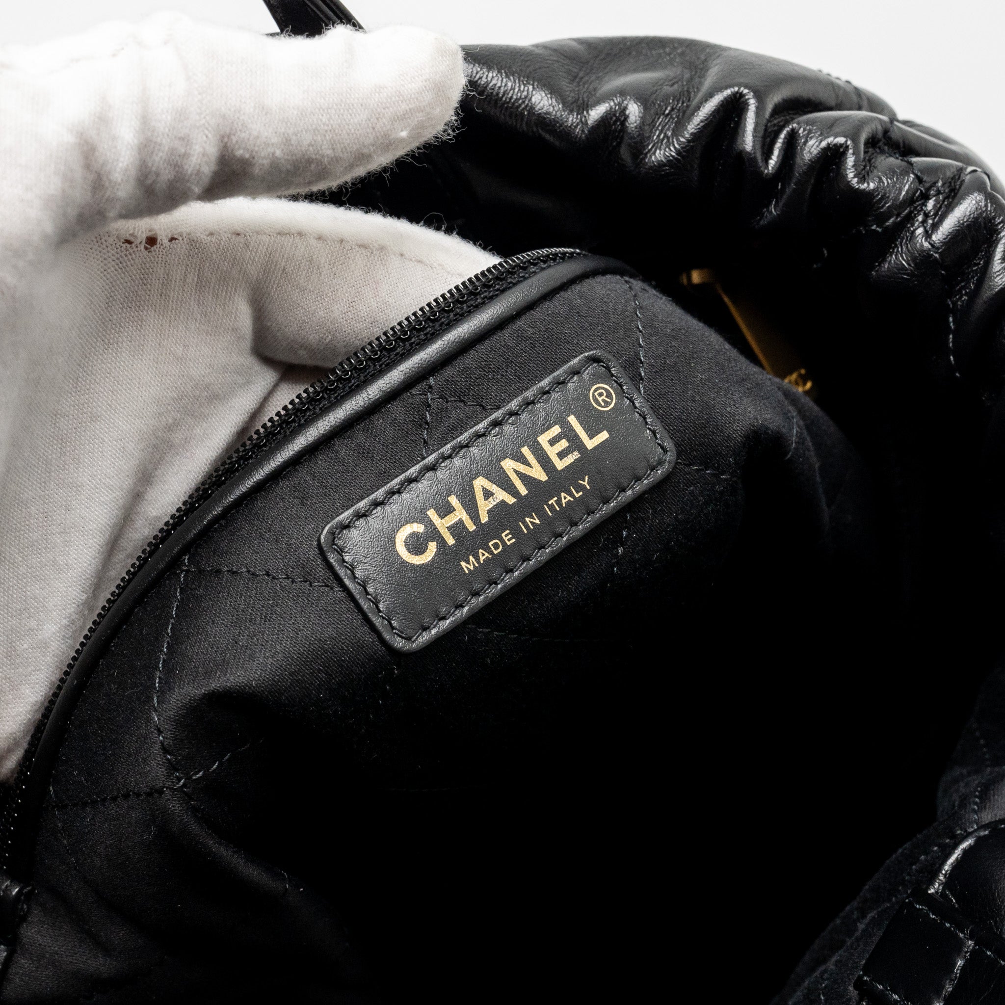 CHANEL LARGE 22 BACKPACK GOLD LETTER LOGO SHINY CALFSKIN BLACK GHW(MICROCHIP)