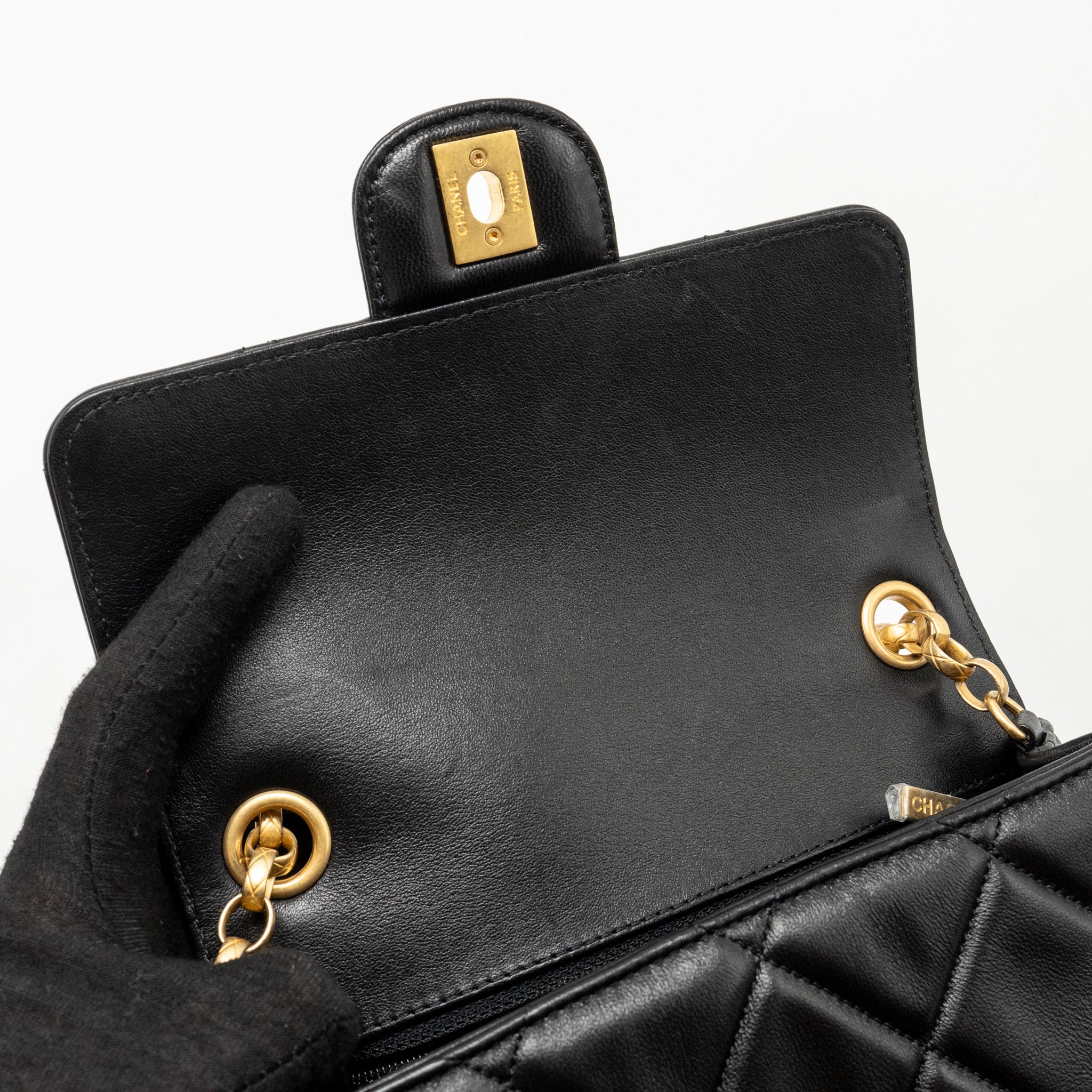 CHANEL QUILTED MINI FLAP BAG WITH DETAILED CHAIN LAMBSKIN BLACK GHW (MICROCHIP)