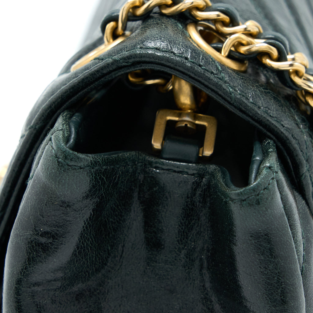 CHANEL CHEVRON HAMPTON FLAP BAG AGED CALFSKIN DARK GREEN GHW