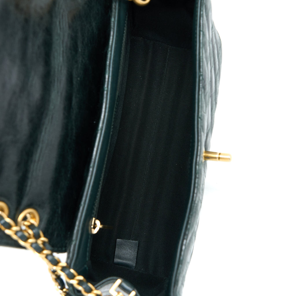 CHANEL CHEVRON HAMPTON FLAP BAG AGED CALFSKIN DARK GREEN GHW