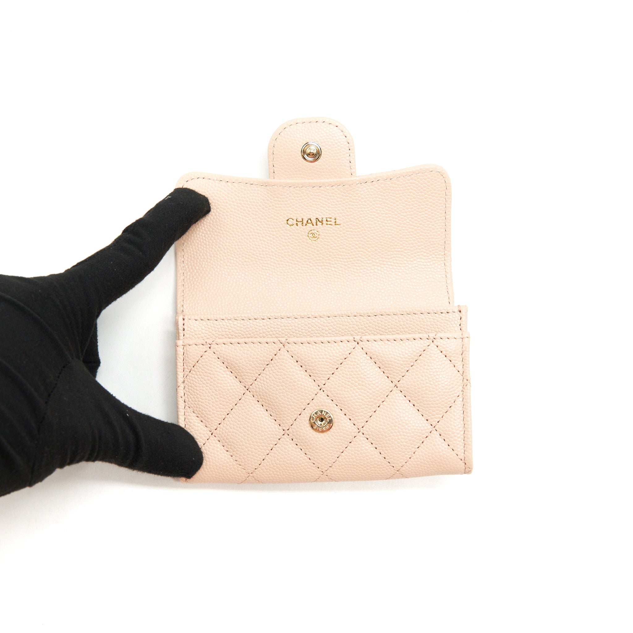 CHANEL 22C FLAP CARDHOLDER CAVIAR LIGHT BEIGE LGHW