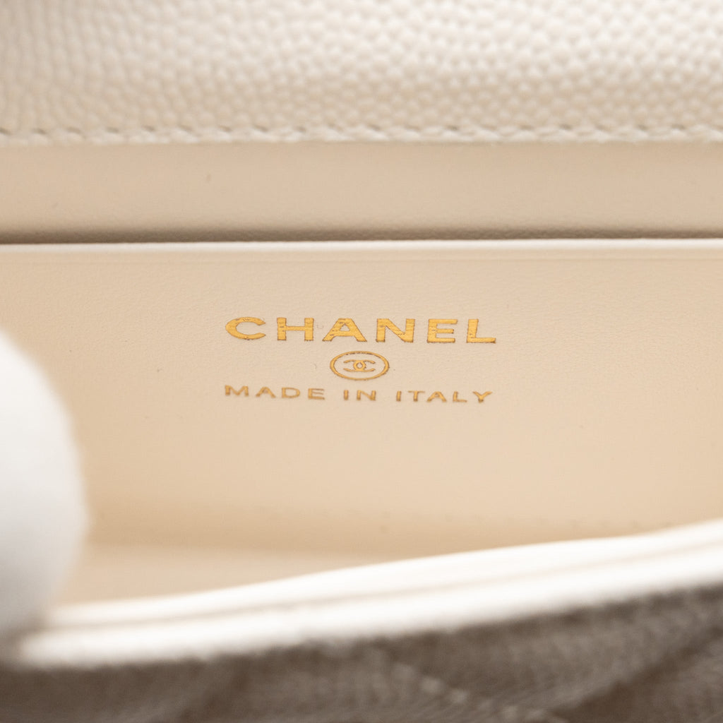 CHANEL TOP HANDLE MINI FLAP CLUTCH WITH CHAIN CAVIAR WHITE LGHW (MICROCHIP)