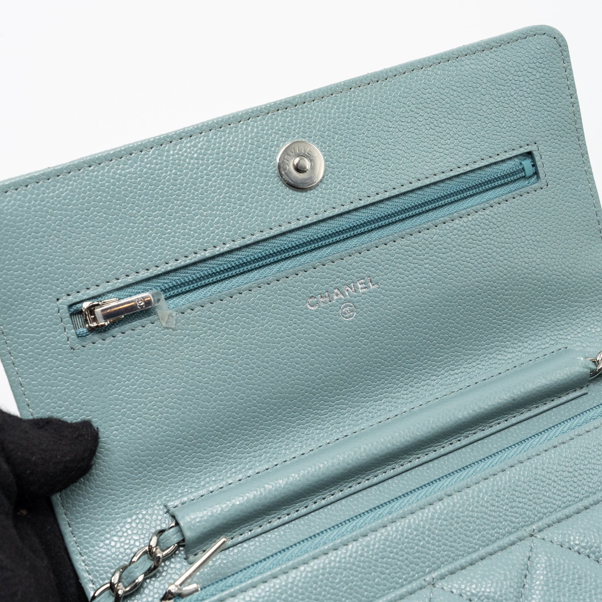 CHANEL CLASSIC WALLET ON CHAIN CAVIAR LIGHT BLUE SHW
