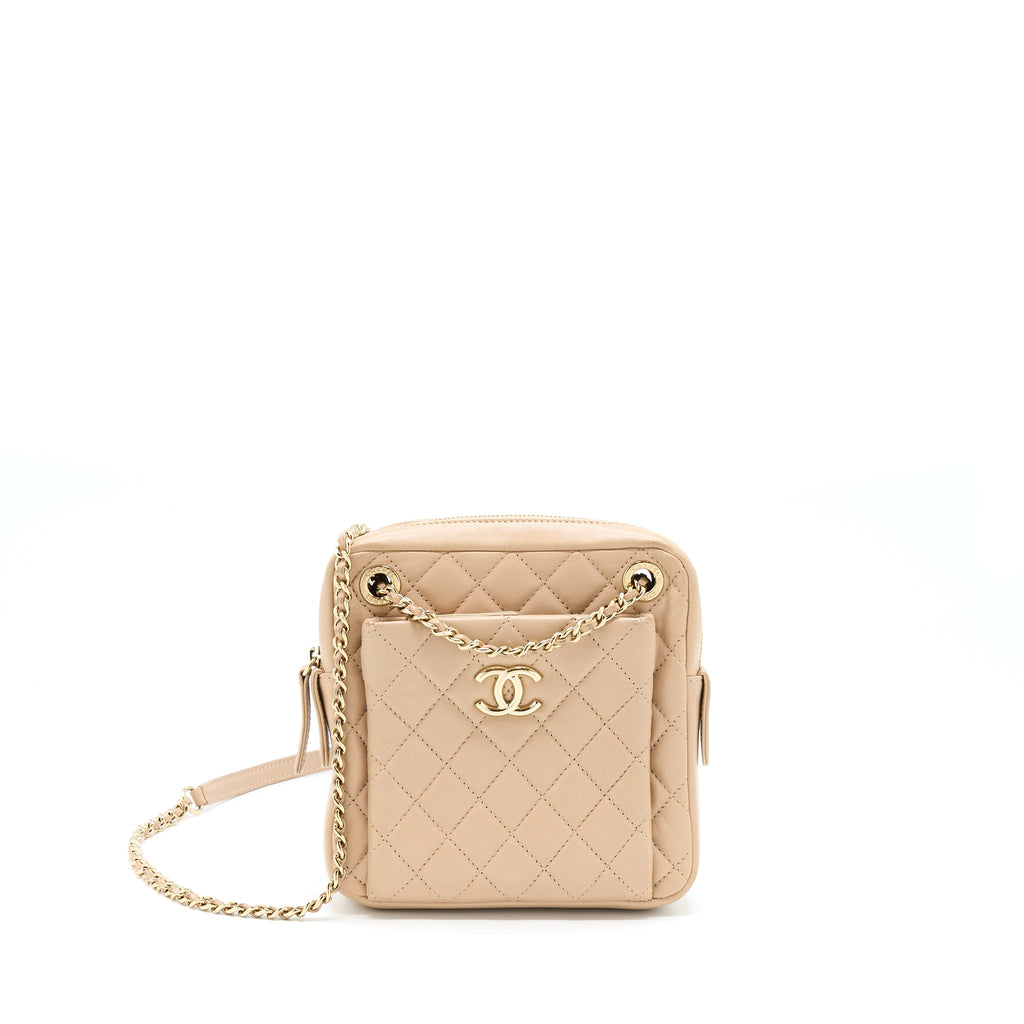 CHANEL SMALL VERTICAL CAMERA BAG WITH CHAIN LAMBSKIN BEIGE LGHW