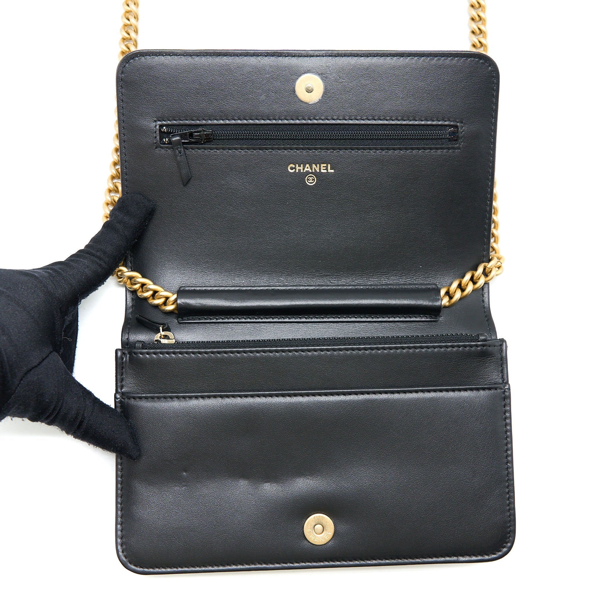 CHANEL BOY WALLET ON CHAIN CAVIAR BLACK GHW (MICROCHIP)