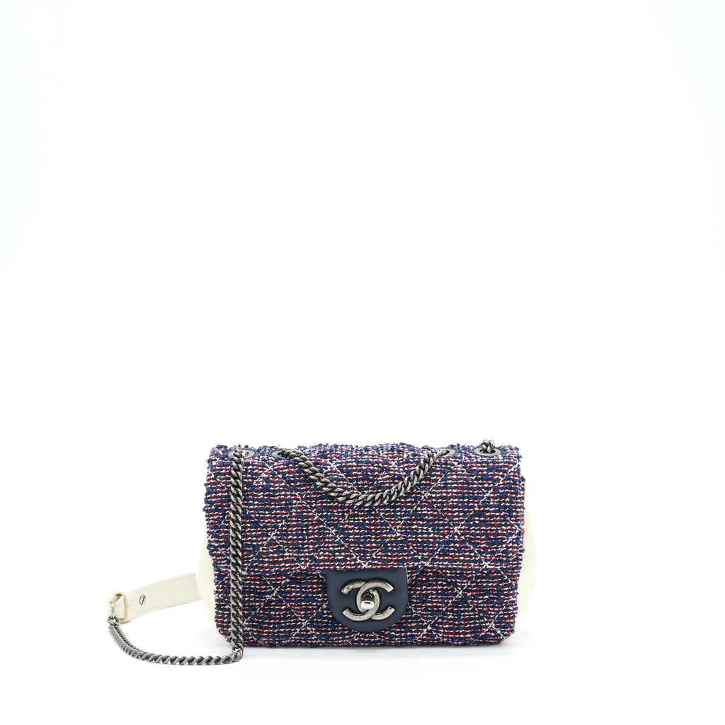CHANEL SEASONAL MINI FLAP BAG TWEED BLUE/ MULTICOLOUR RUTHENIUM HARDWARE