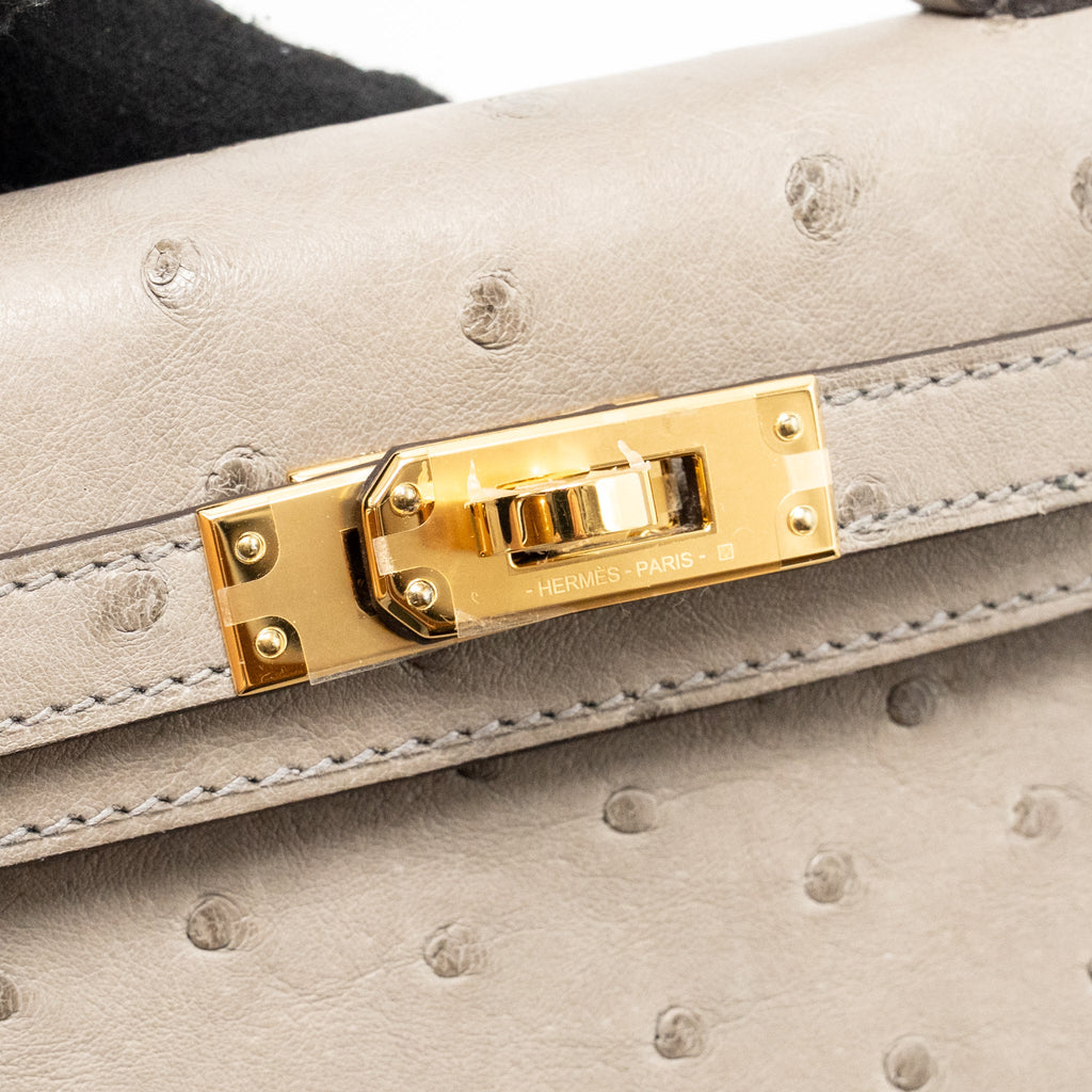 HERMES MINI KELLY II OSTRICH GRIS TOURTERELLE GHW