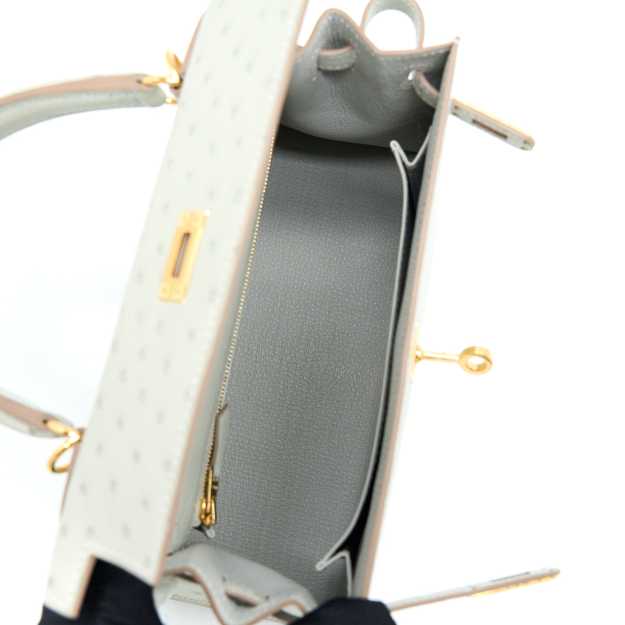 HERMES KELLY 25 SELLIER OSTRICH 80 GRIS PERLE GHW