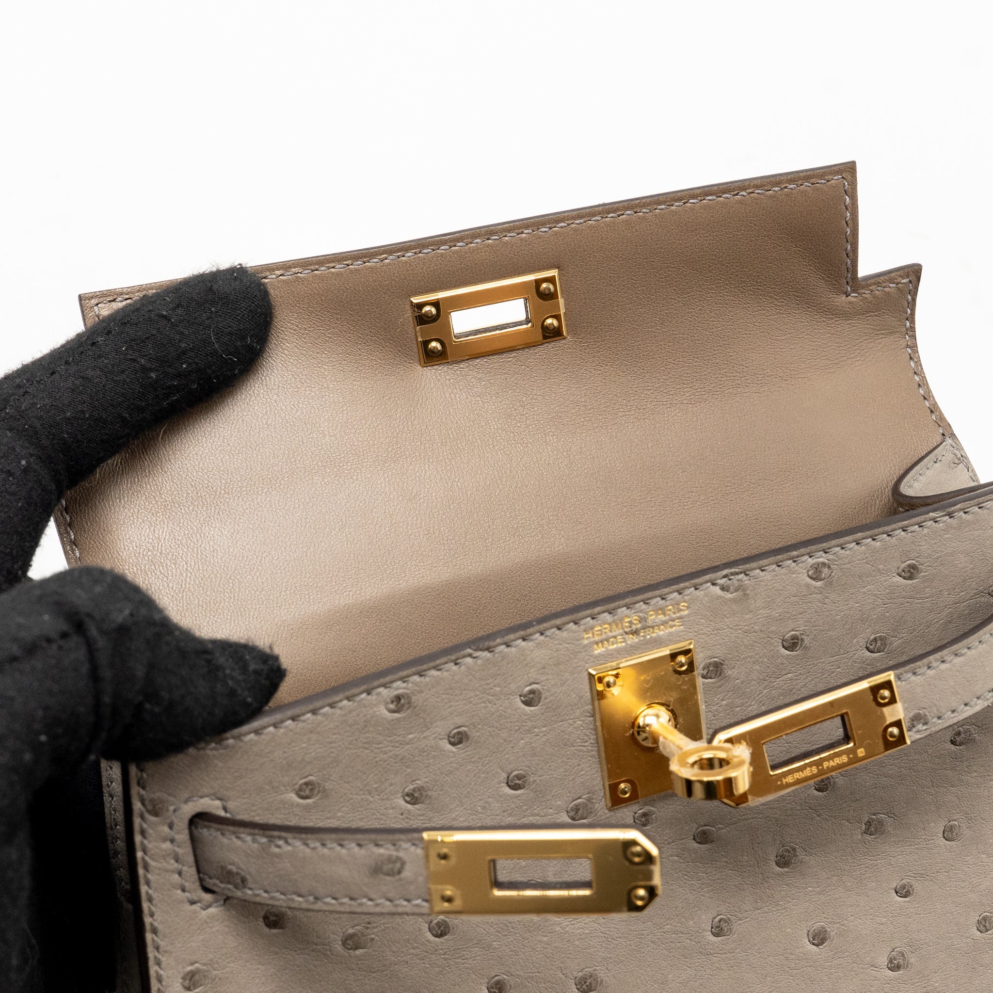 HERMES MINI KELLY II OSTRICH GRIS TOURTERELLE GHW