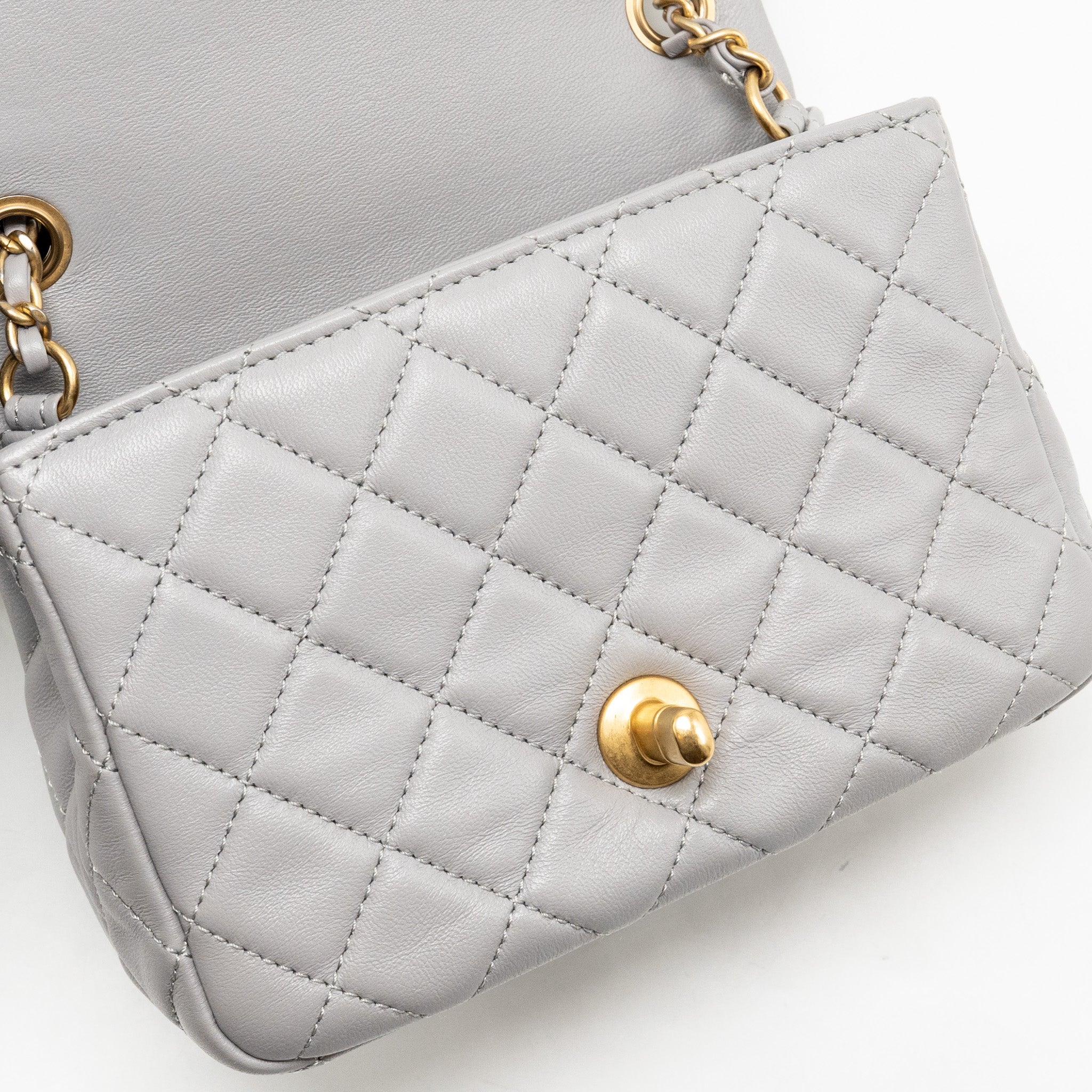 CHANEL PEARL CRUSH MINI SQUARE FLAP BAG LAMBSKIN GREY GHW (MICROCHIP)