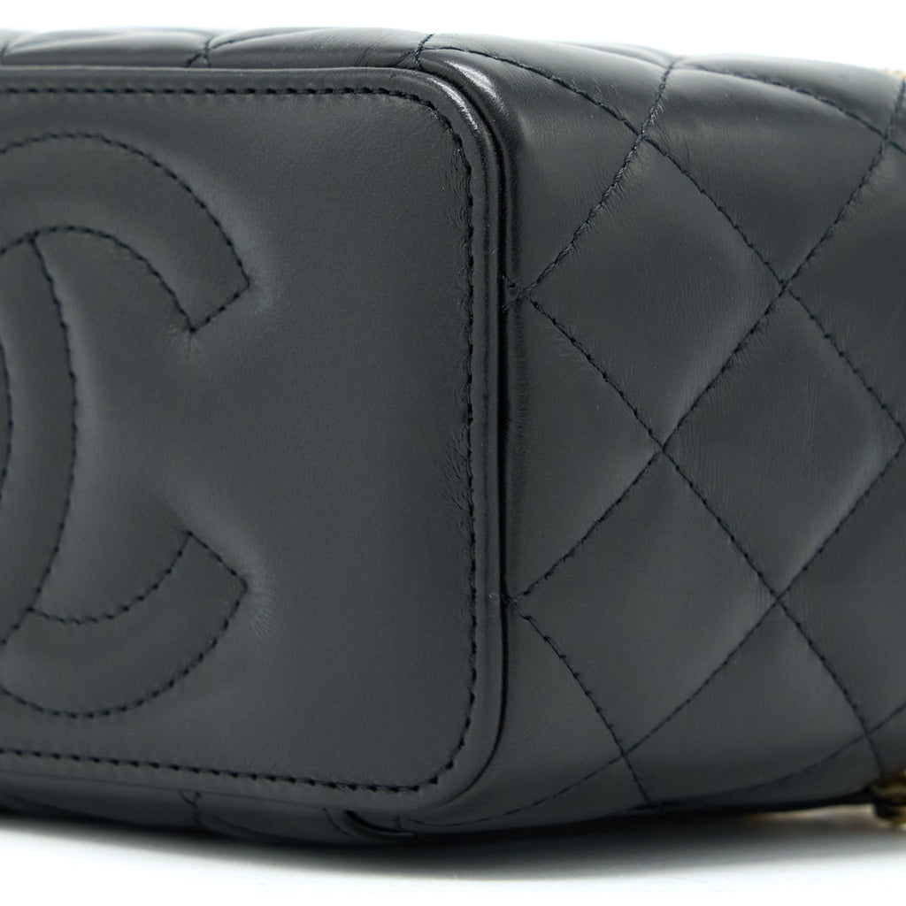 CHANEL 22K GOLD PILLAR ADJUSTABLE CHAIN LONG VANITY LAMBSKIN BLACK GHW (MICROCHIP)