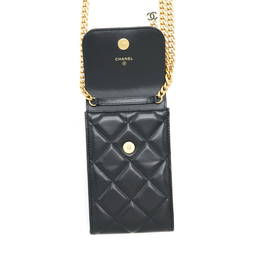CHANEL 22P VERTICAL MINI FLAP PHONE CASE LAMBSKIN BLACK WITH ENAMEL AND GOLD HARDWARE