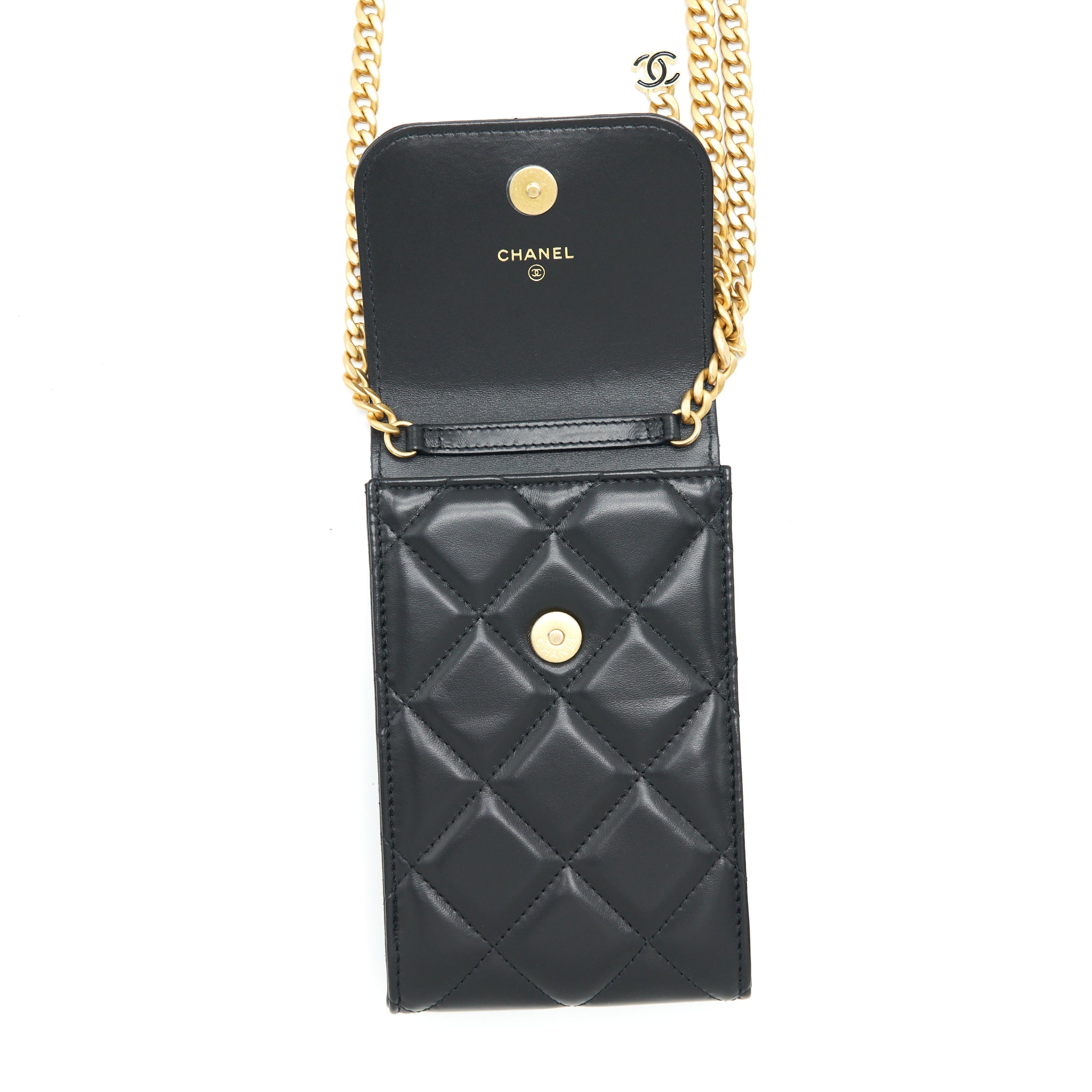 CHANEL 22P VERTICAL MINI FLAP PHONE CASE LAMBSKIN BLACK WITH ENAMEL AND GOLD HARDWARE