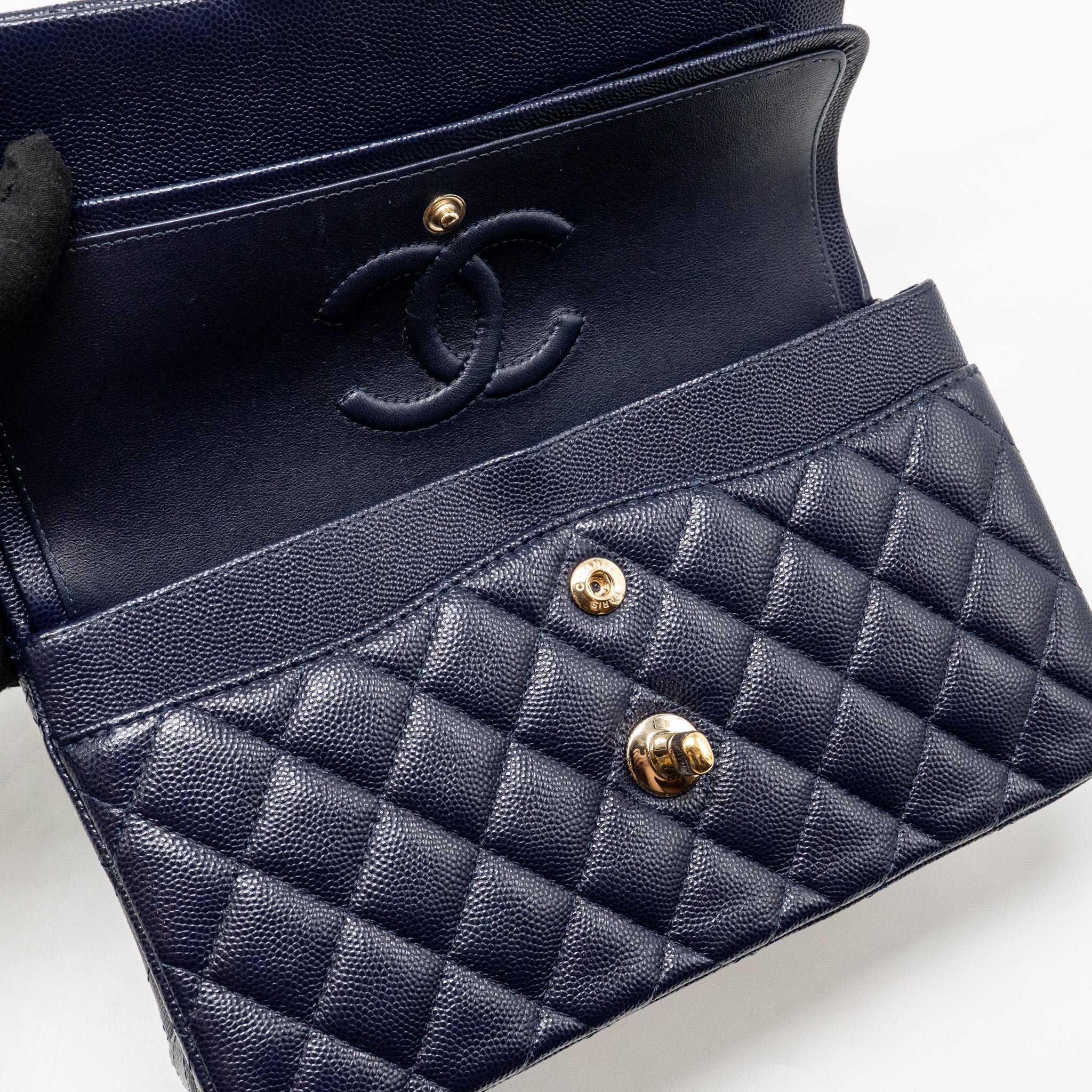 CHANEL SMALL CLASSIC DOUBLE FLAP BAG CAVIAR NAVY GHW (MICROCHIP)
