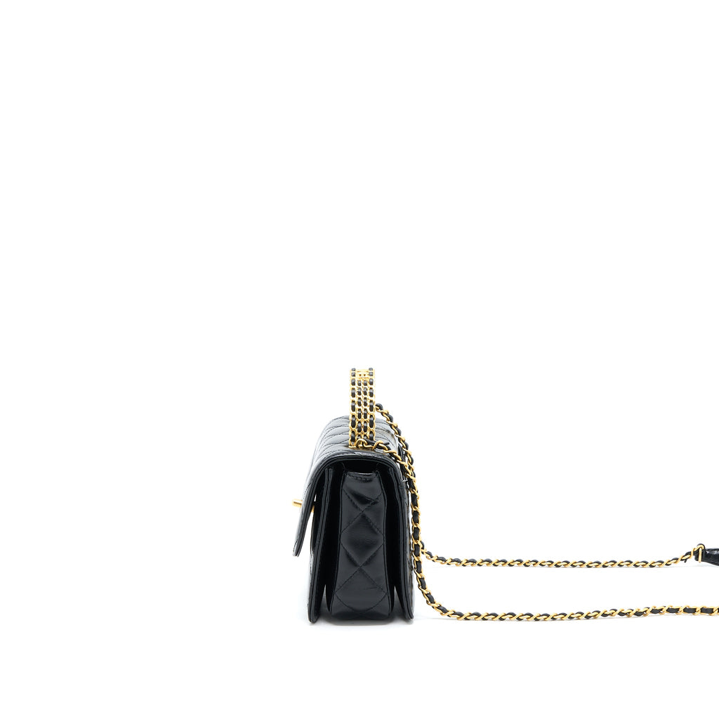 CHANEL 23P FLAP BAG WITH TOP HANDLE SHINY CALFSKIN BLACK GHW (MICROCHIP)