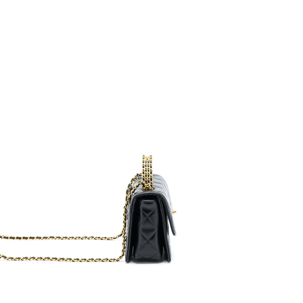CHANEL 23P FLAP BAG WITH TOP HANDLE SHINY CALFSKIN BLACK GHW (MICROCHIP)