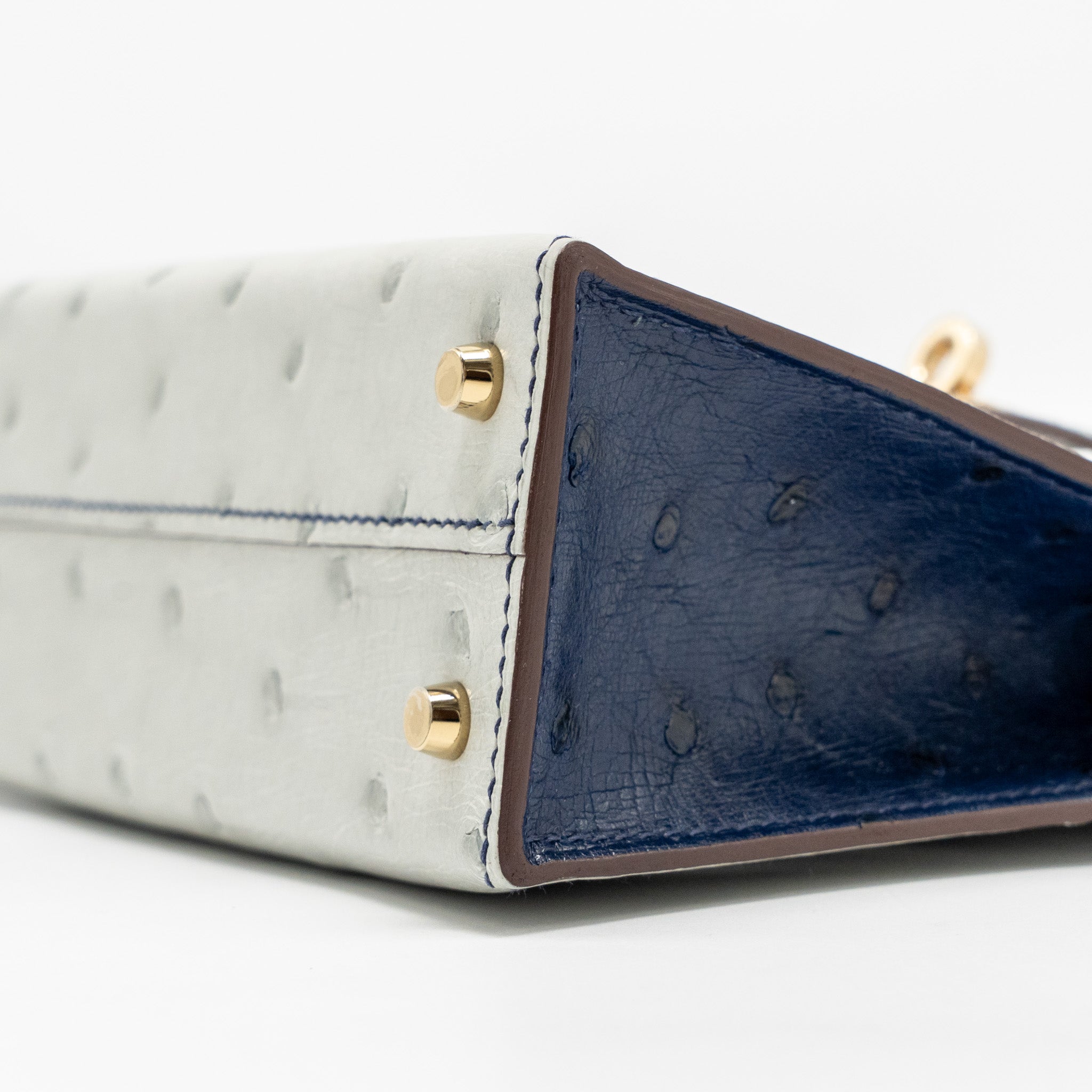 HERMES MINI KELLY SPECIAL ORDER OSTRICH GRIS PERLE/BLUE IRIS LGHW