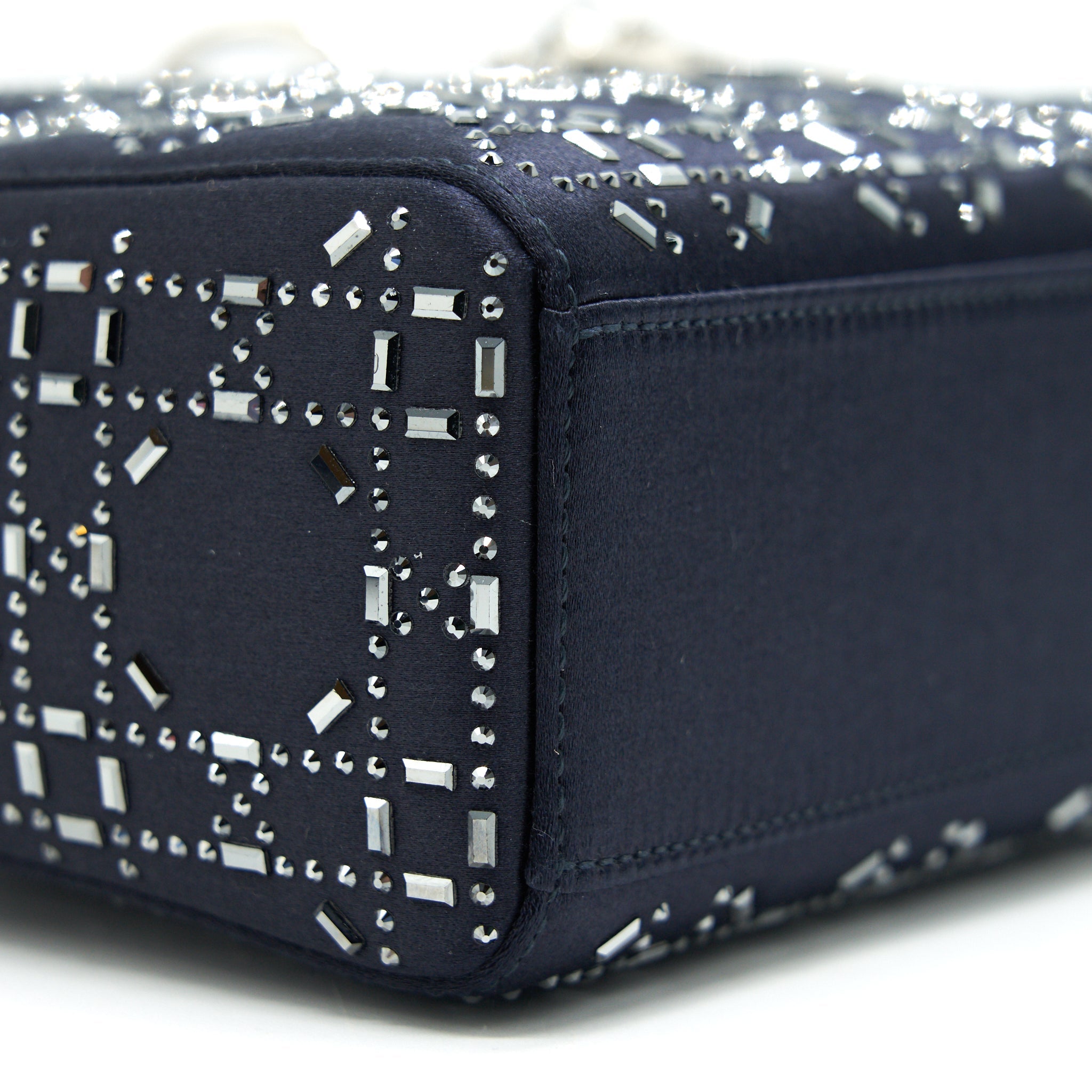 CHRISTIAN DIOR SATIN CRYSTAL CANNAGE MINI LADY DIOR IN NAVY