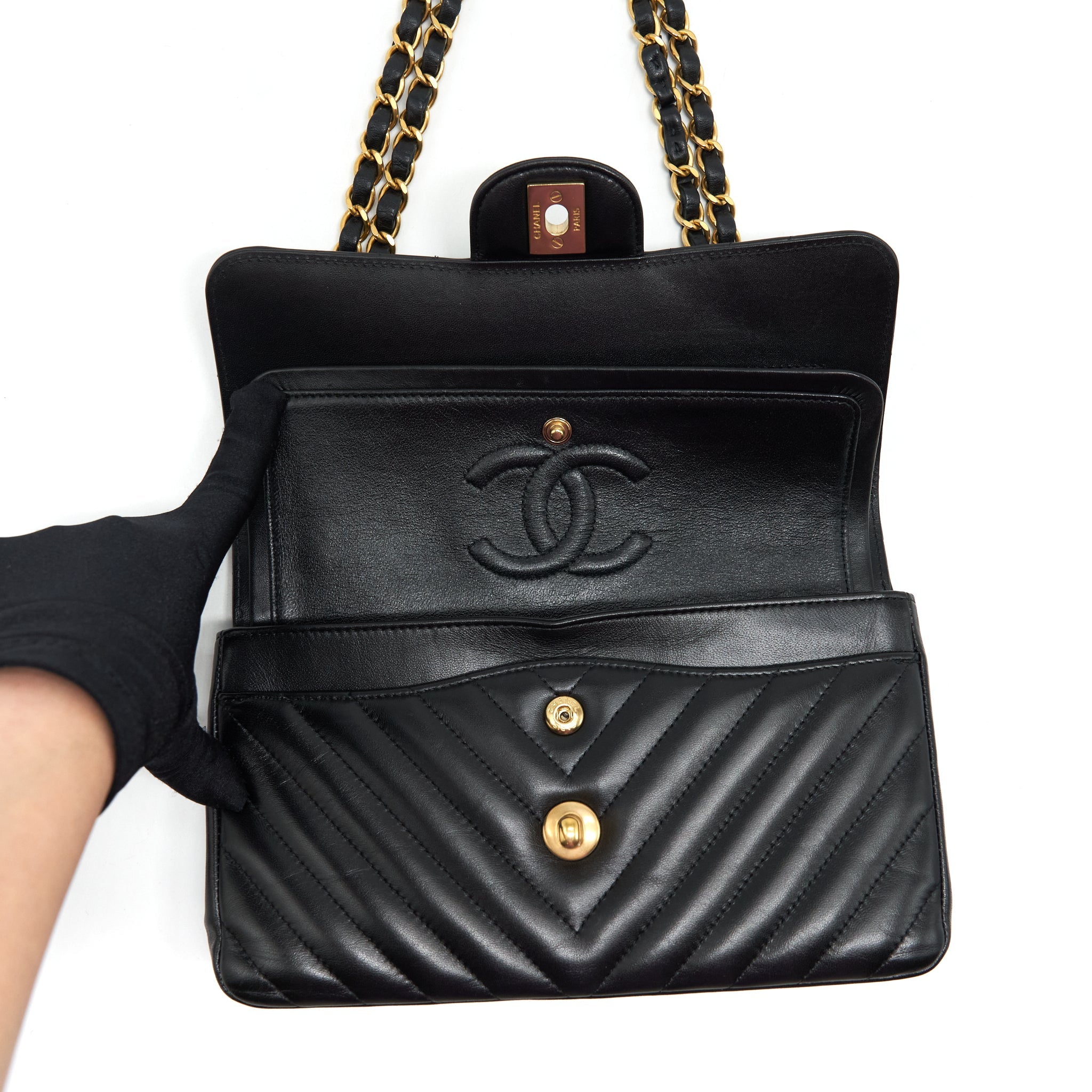 CHANEL SMALL CLASSIC DOUBLE FLAP BAG CHEVRON LAMBSKIN BLACK GHW