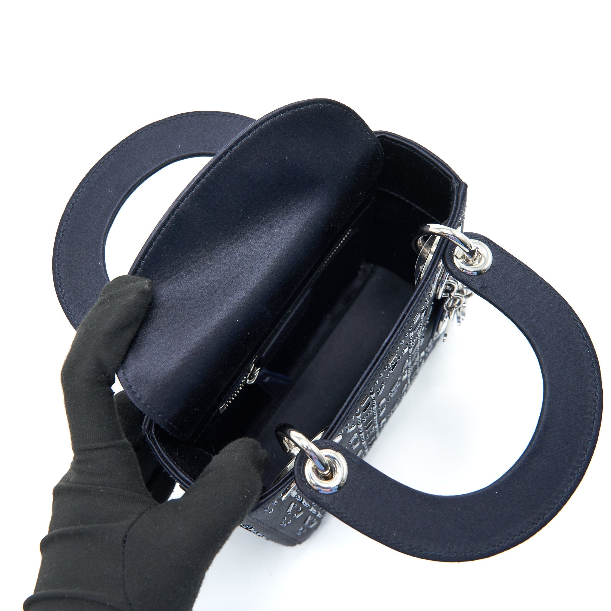 CHRISTIAN DIOR SATIN CRYSTAL CANNAGE MINI LADY DIOR IN NAVY
