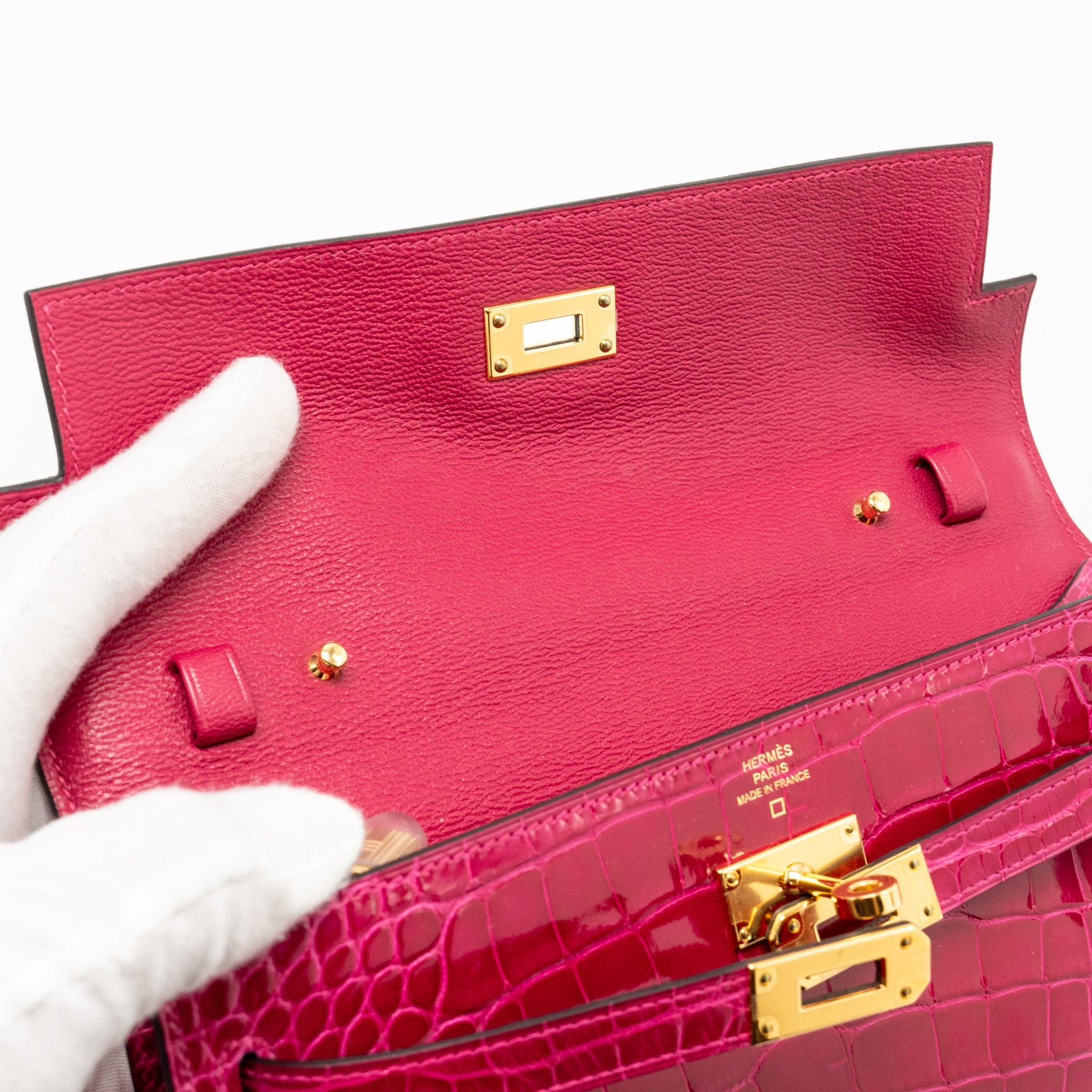 HERMES KELLY TO GO SHINY ALLIGATOR MISSISSIPPIENSIS ROSE MEXICO GHW