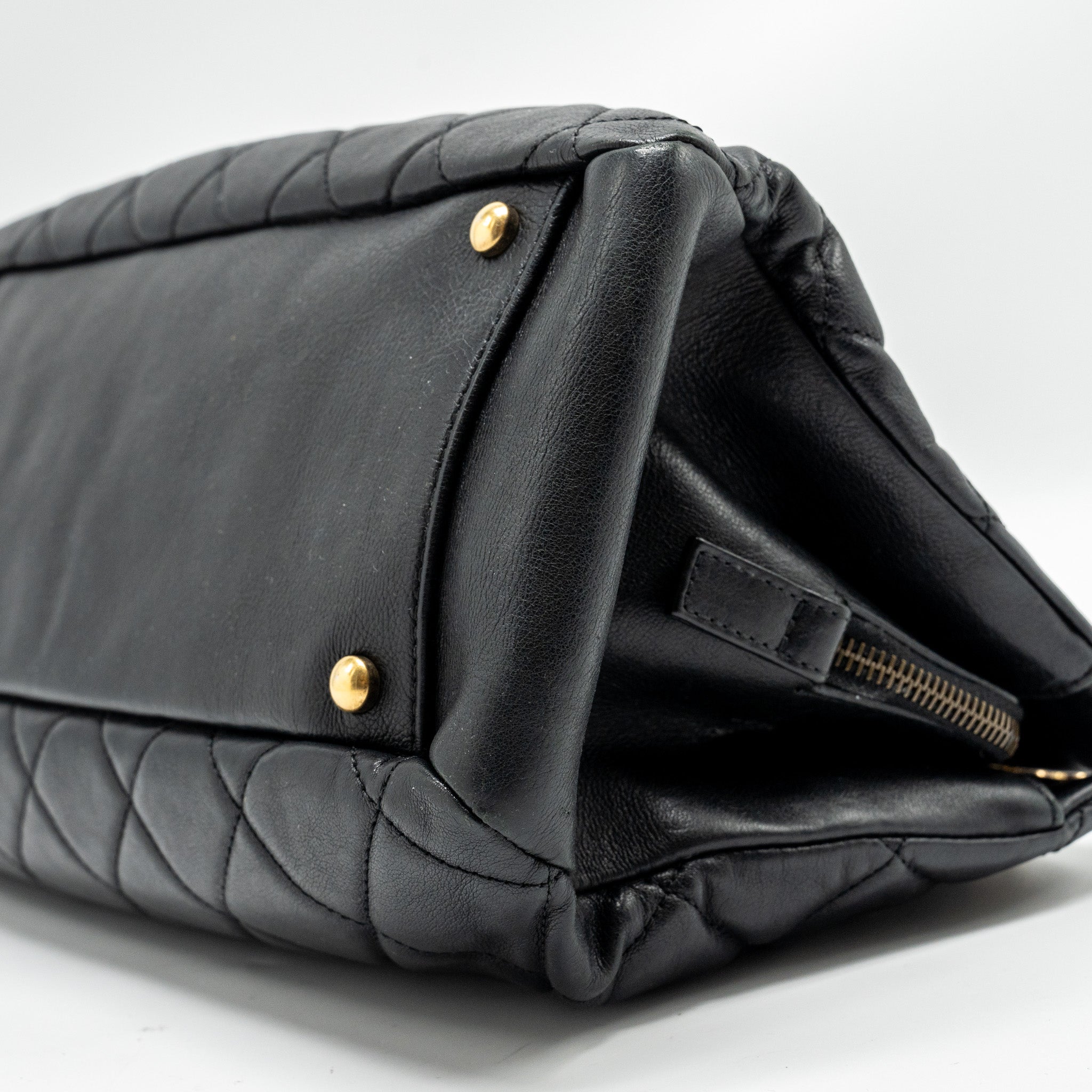 CHANEL SMALL QUILTED CC CROWN TOTE BAG CALFSKIN BLACK BRUSHED GHW