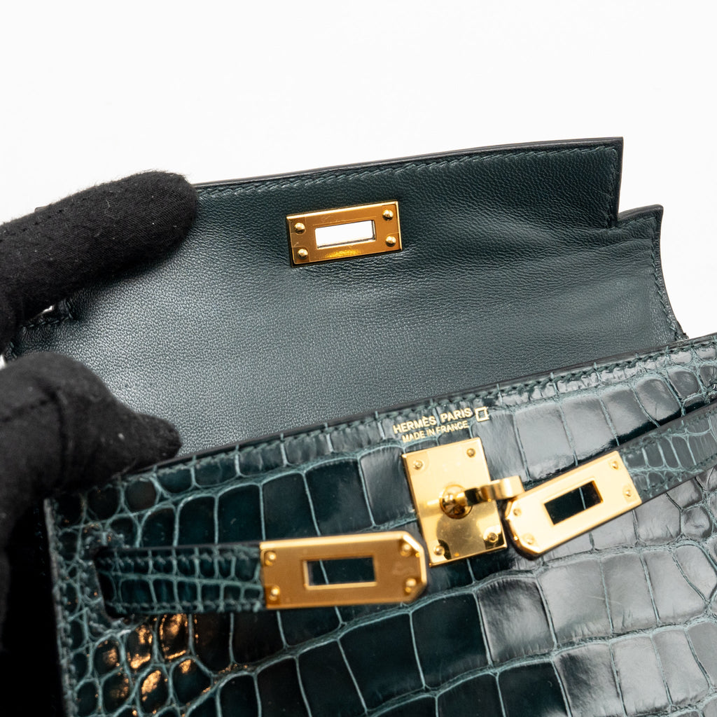 HERMES MINI KELLY II SHINY ALLIGATOR MISSISSIPPIENSIS 6O VERT CYPRES GHW