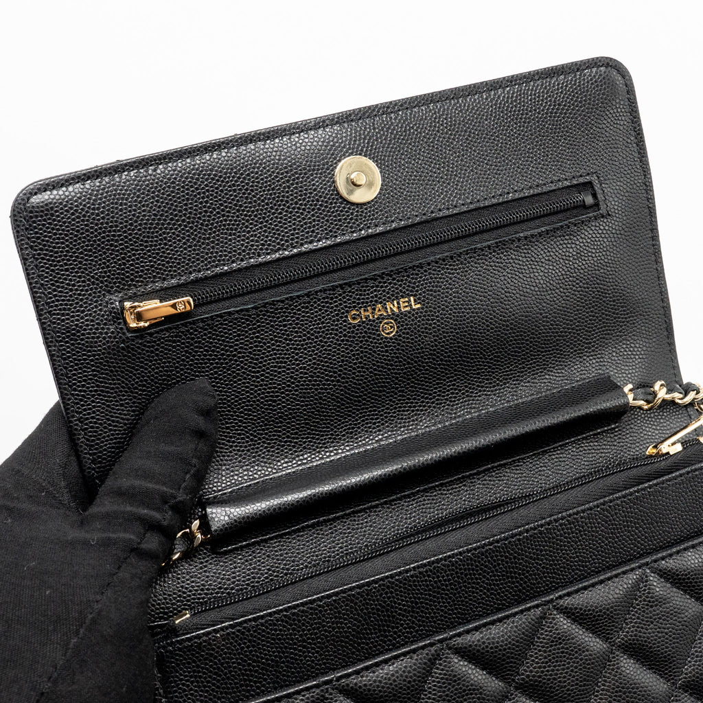 CHANEL CC LOGO QUILTED WALLET ON CHAIN CAVIAR BLACK LGHW (MICROCHIP)