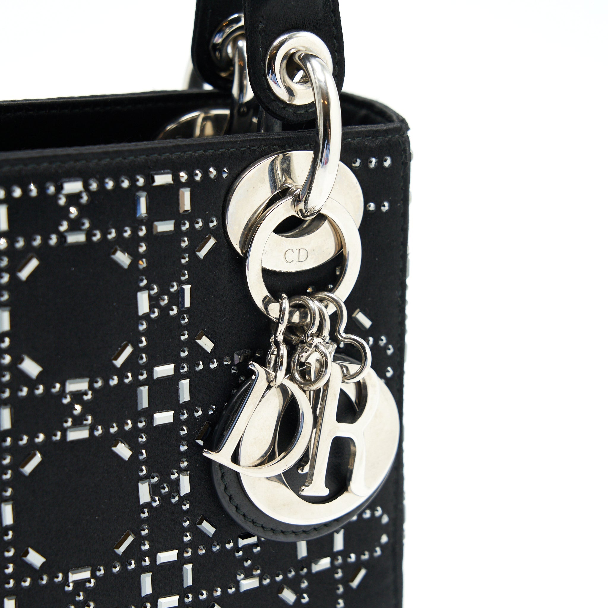 CHRISTIAN DIOR SATIN CRYSTAL CANNAGE MINI LADY DIOR BLACK