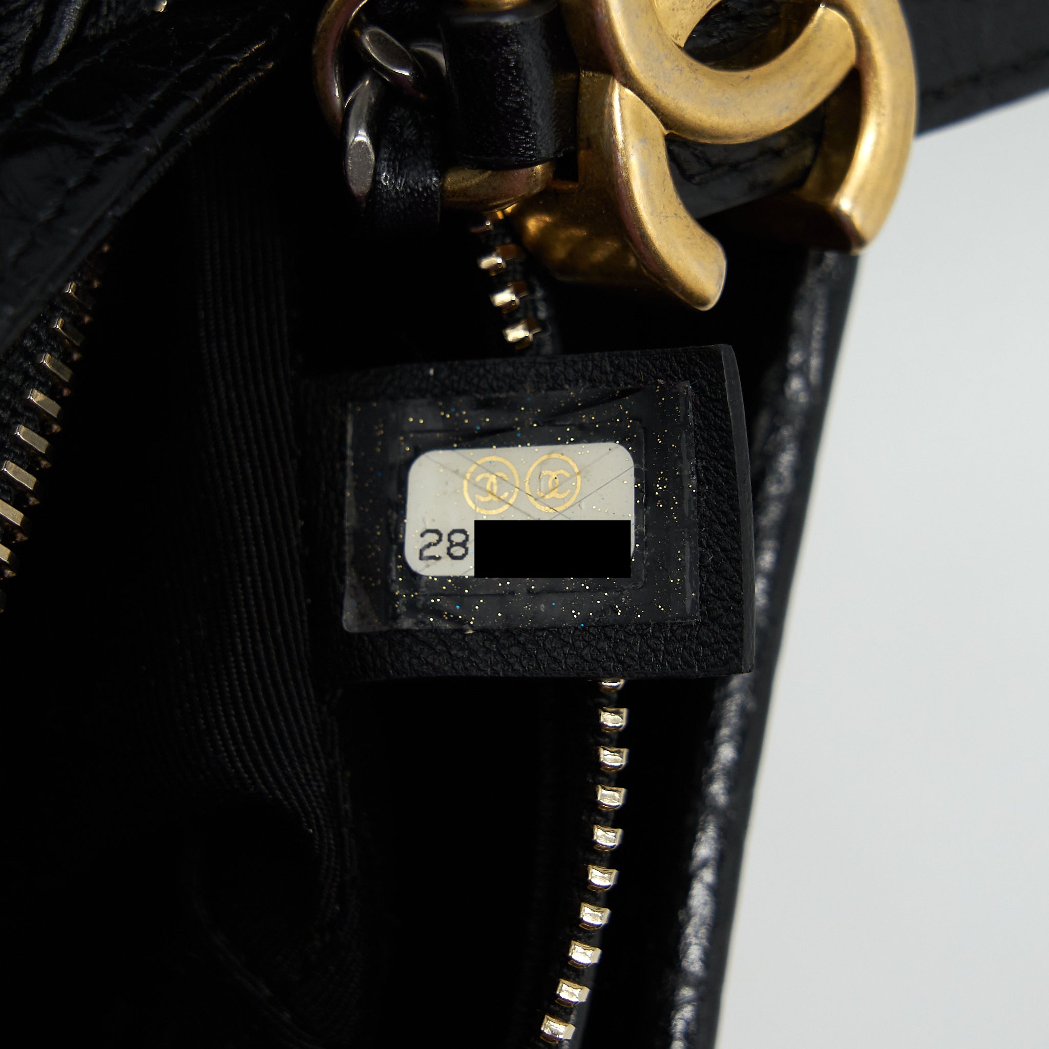 CHANEL SMALL GABRIELLE HOBO BAG WITH HANDLE CROC-EMBOSSED CALFSKIN BLACK GOLD/SILVER HARDWARE