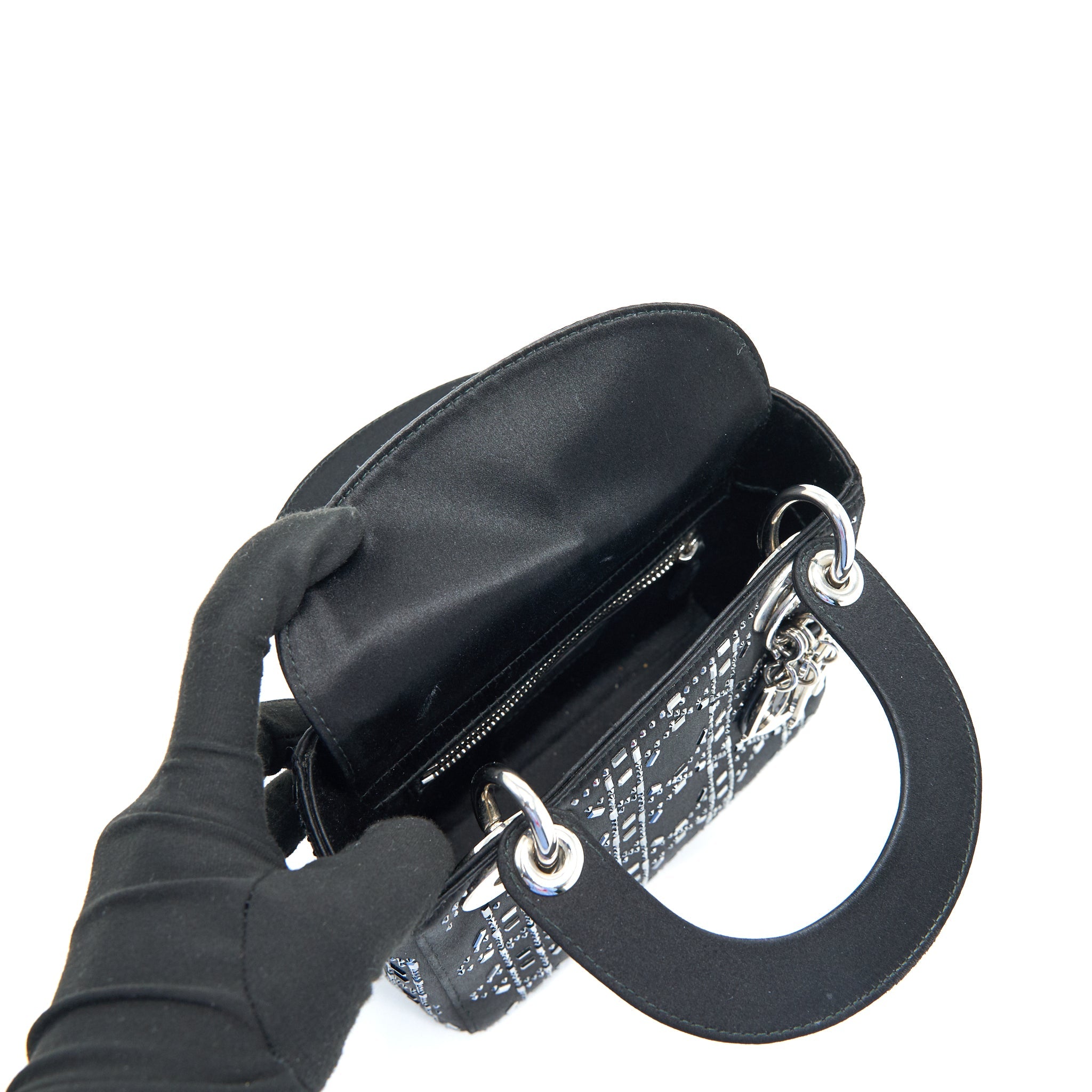CHRISTIAN DIOR SATIN CRYSTAL CANNAGE MINI LADY DIOR BLACK